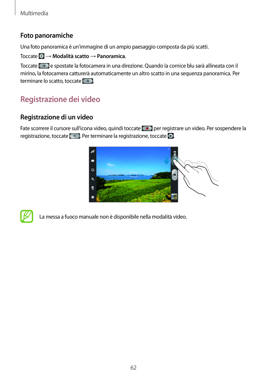 Samsung GT-P5220ZWATIM manual Registrazione dei video, Foto panoramiche, Registrazione di un video 