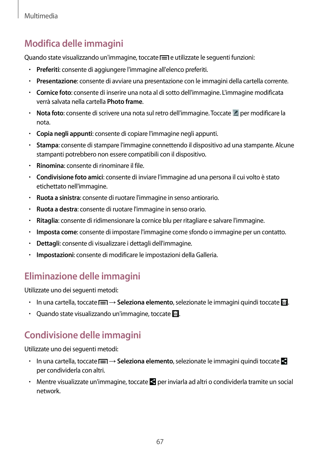 Samsung GT-P5220ZWATIM manual Modifica delle immagini, Eliminazione delle immagini, Condivisione delle immagini 