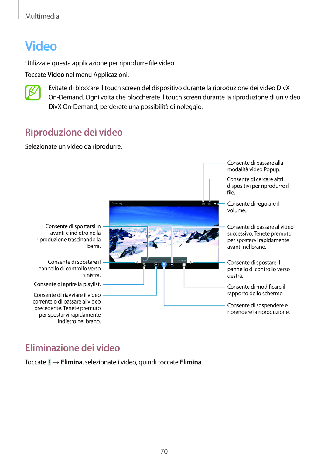 Samsung GT-P5220ZWATIM manual Video, Eliminazione dei video 