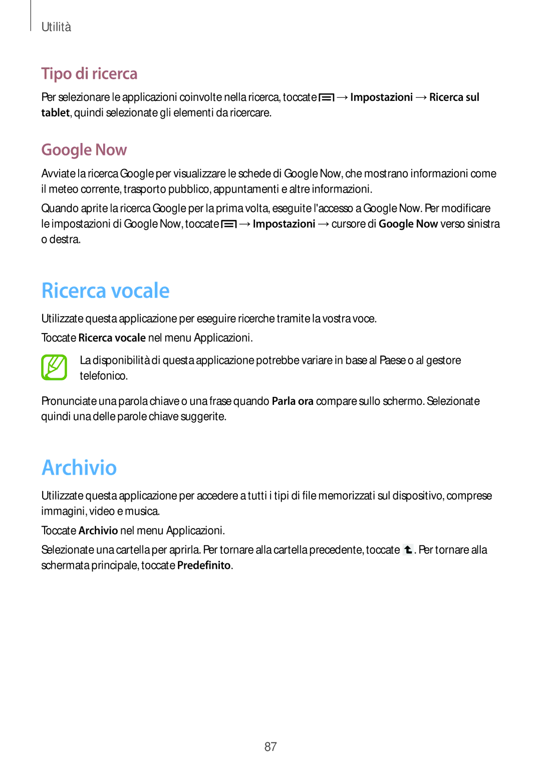 Samsung GT-P5220ZWATIM manual Ricerca vocale, Archivio, Tipo di ricerca, Google Now 