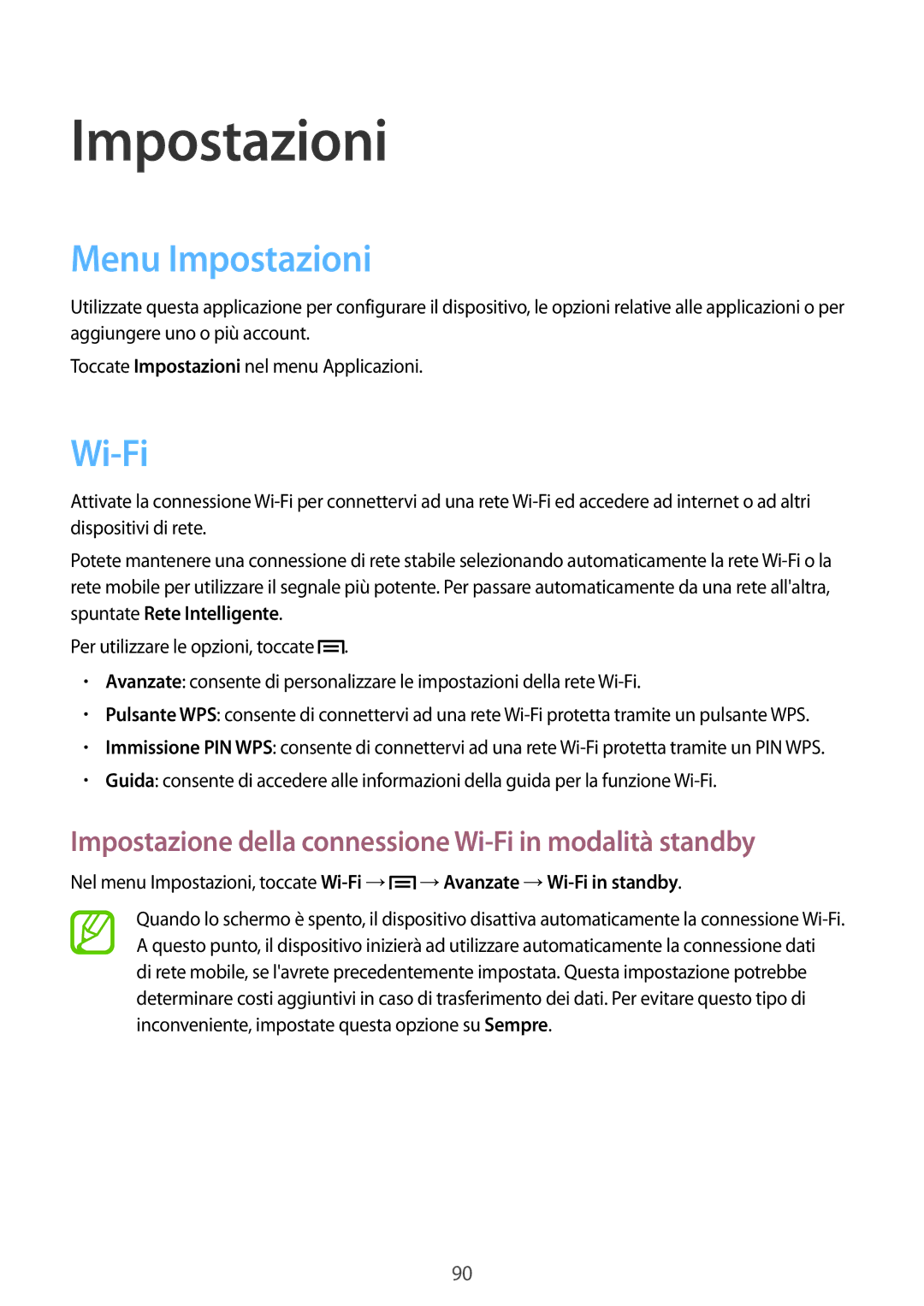 Samsung GT-P5220ZWATIM manual Menu Impostazioni, Impostazione della connessione Wi-Fi in modalità standby 