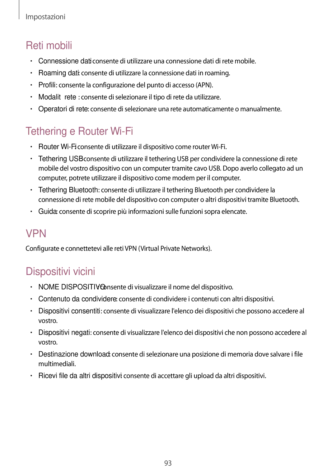 Samsung GT-P5220ZWATIM manual Reti mobili, Tethering e Router Wi-Fi, Dispositivi vicini 