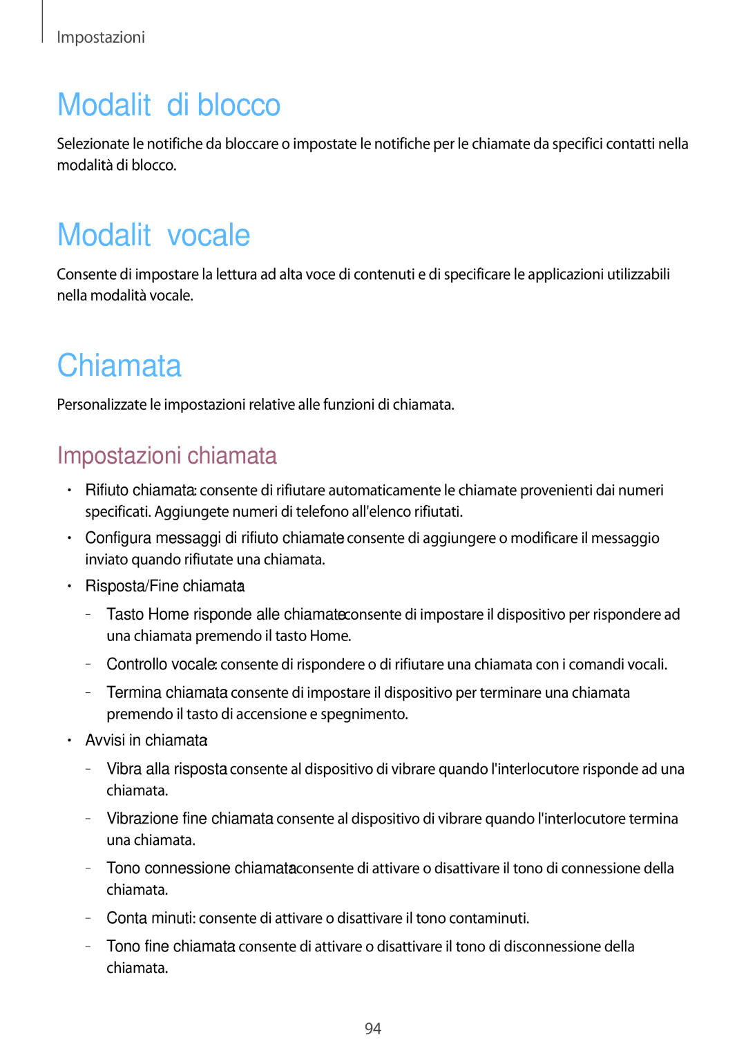 Samsung GT-P5220ZWATIM manual Modalità di blocco, Modalità vocale, Chiamata, Impostazioni chiamata 