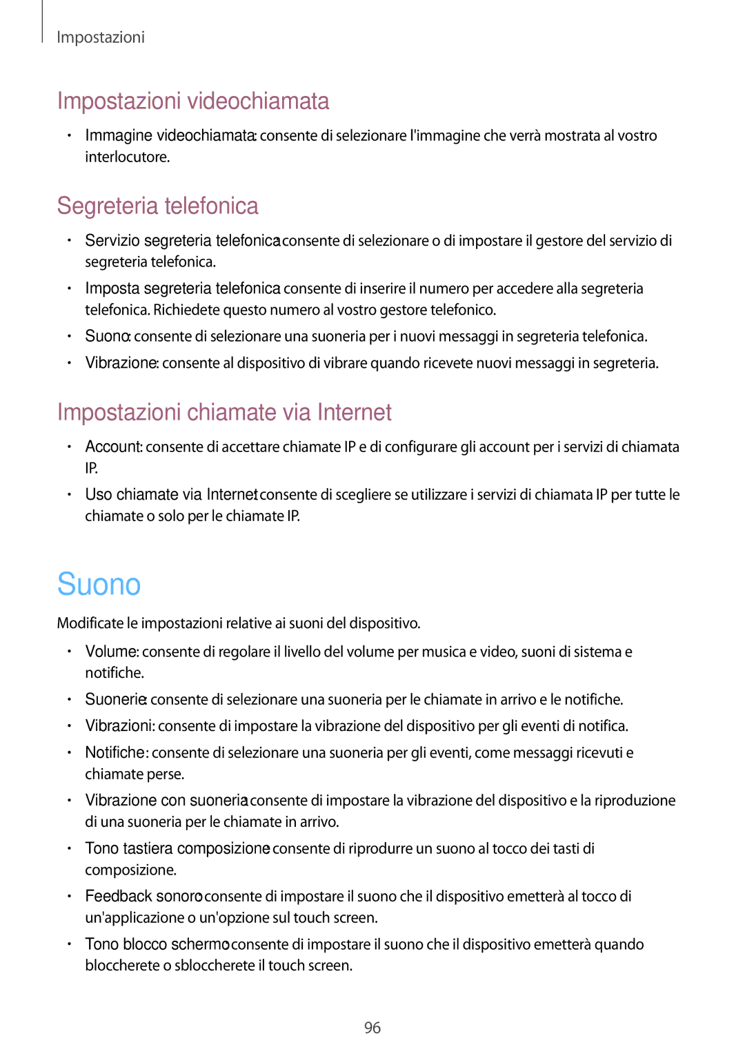 Samsung GT-P5220ZWATIM manual Suono, Impostazioni videochiamata, Segreteria telefonica, Impostazioni chiamate via Internet 