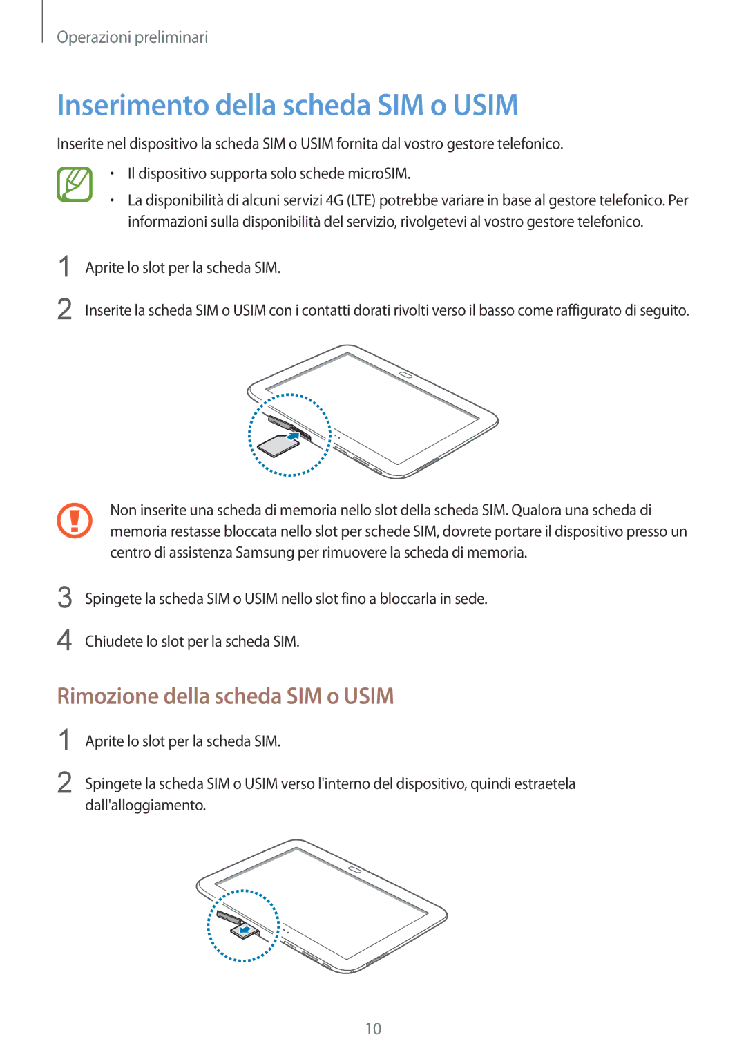 Samsung GT-P5220ZWATIM manual Inserimento della scheda SIM o Usim, Rimozione della scheda SIM o Usim 