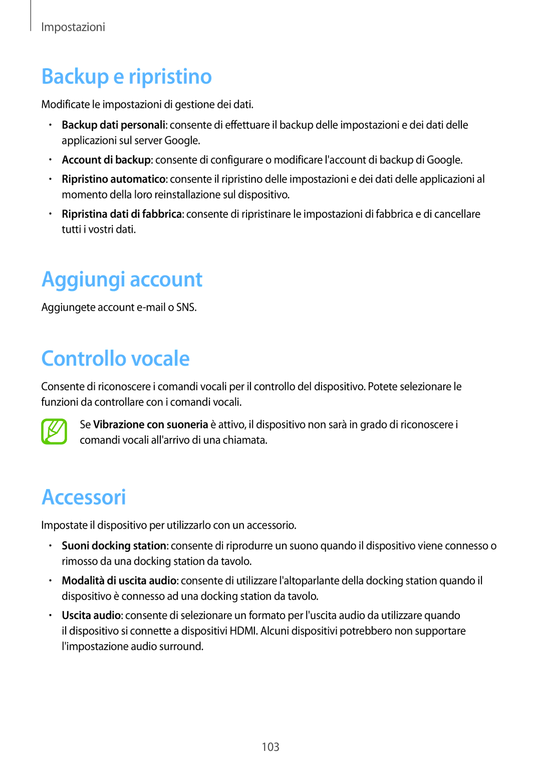 Samsung GT-P5220ZWATIM manual Backup e ripristino, Aggiungi account, Controllo vocale, Accessori 