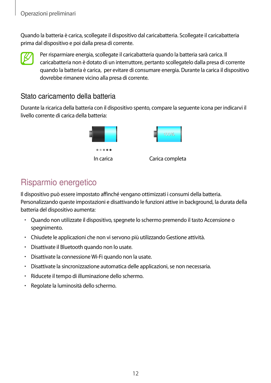 Samsung GT-P5220ZWATIM manual Risparmio energetico, Stato caricamento della batteria 