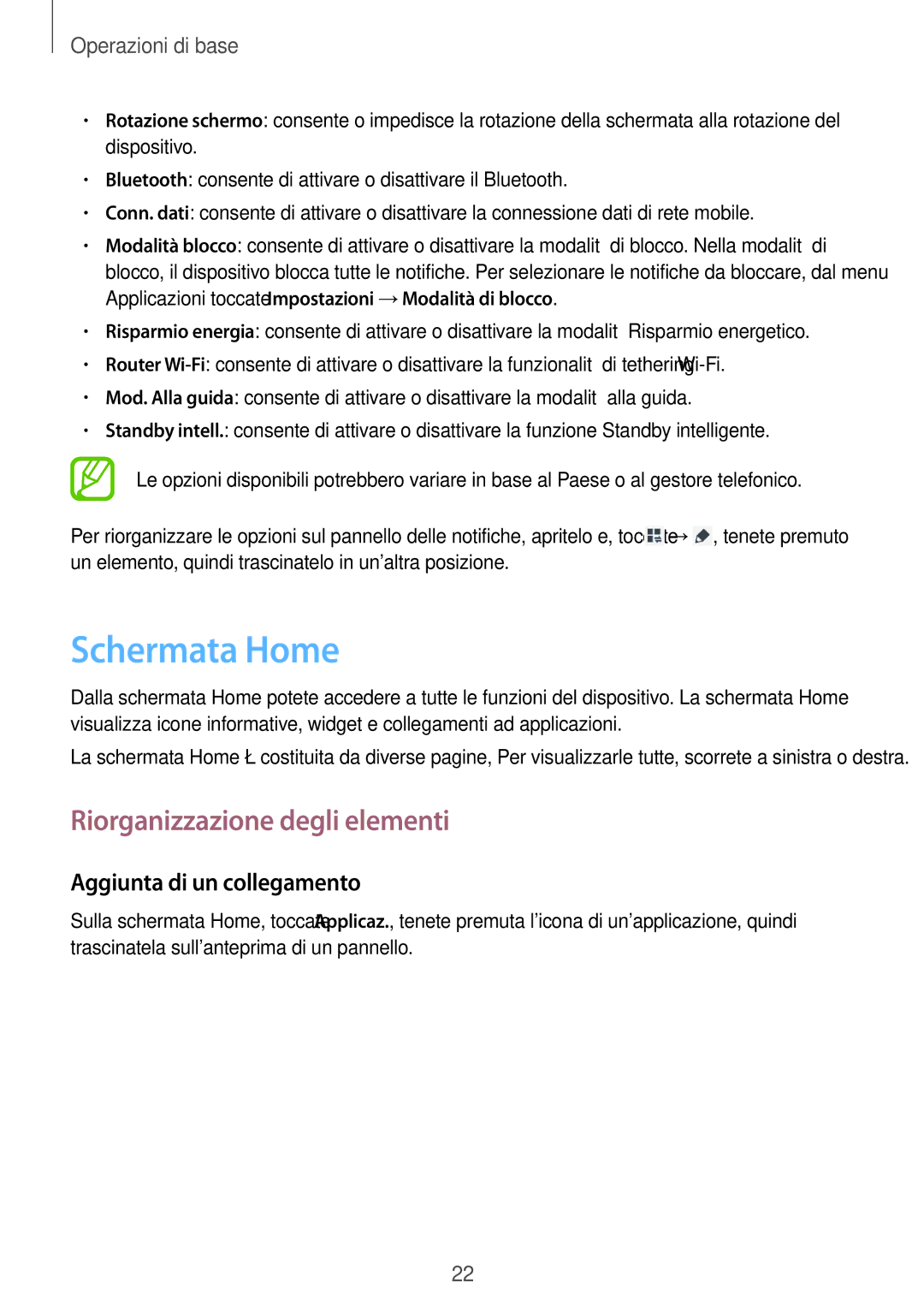 Samsung GT-P5220ZWATIM manual Schermata Home, Riorganizzazione degli elementi, Aggiunta di un collegamento 