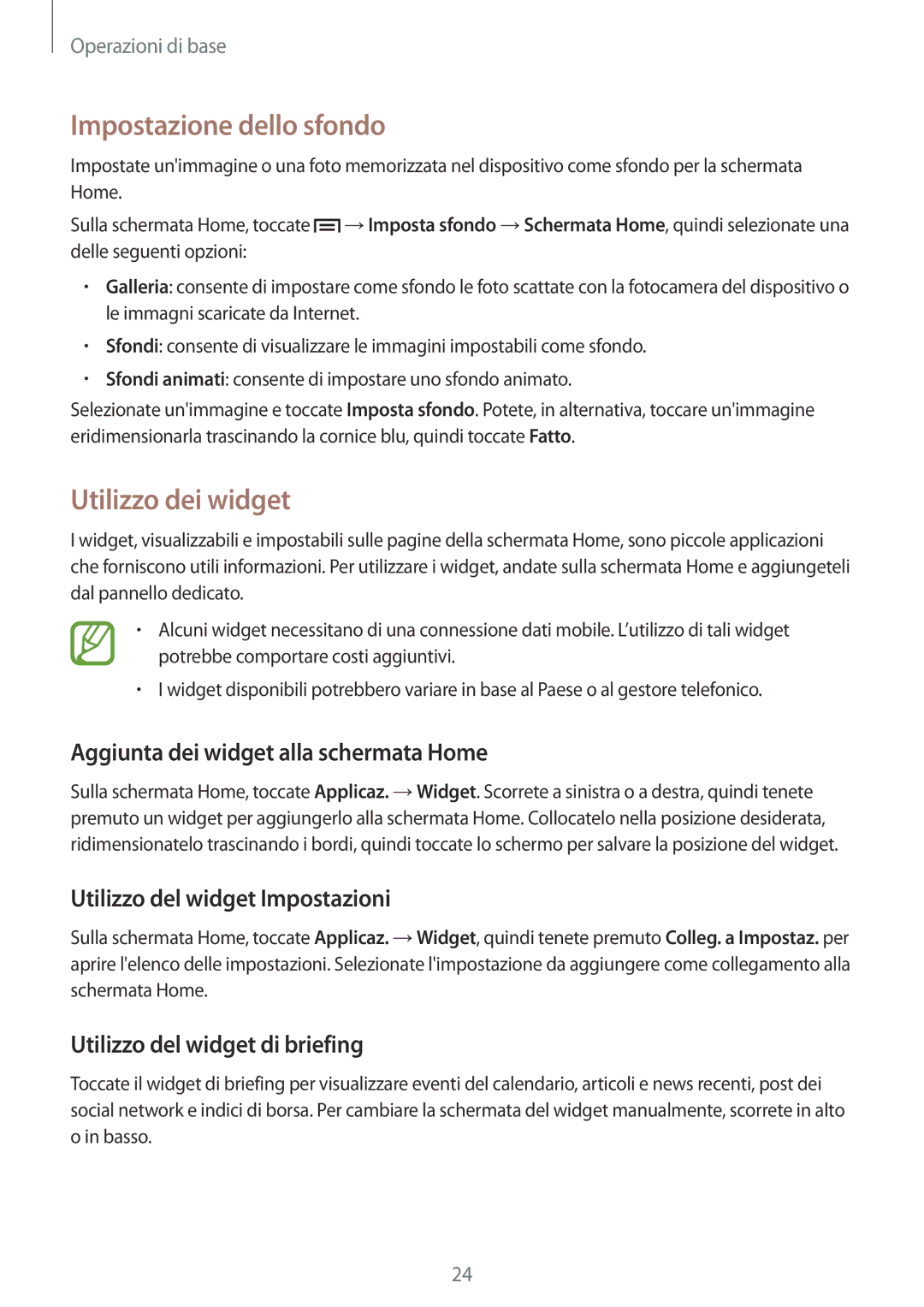 Samsung GT-P5220ZWATIM manual Impostazione dello sfondo, Utilizzo dei widget, Aggiunta dei widget alla schermata Home 