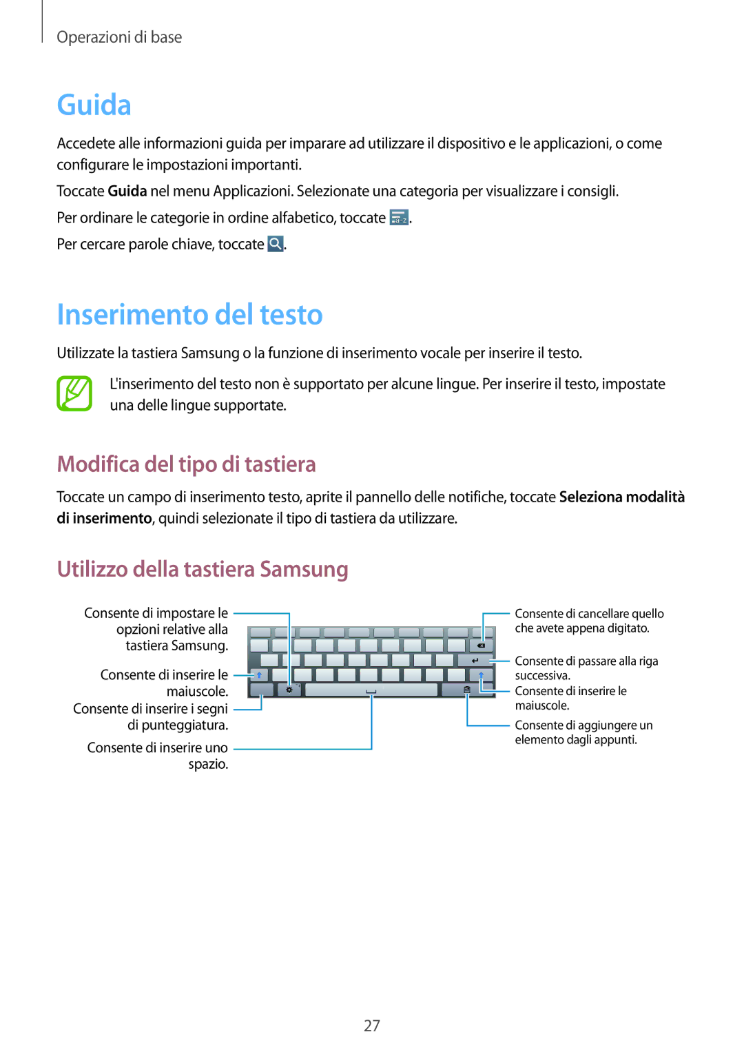 Samsung GT-P5220ZWATIM manual Guida, Inserimento del testo, Modifica del tipo di tastiera, Utilizzo della tastiera Samsung 