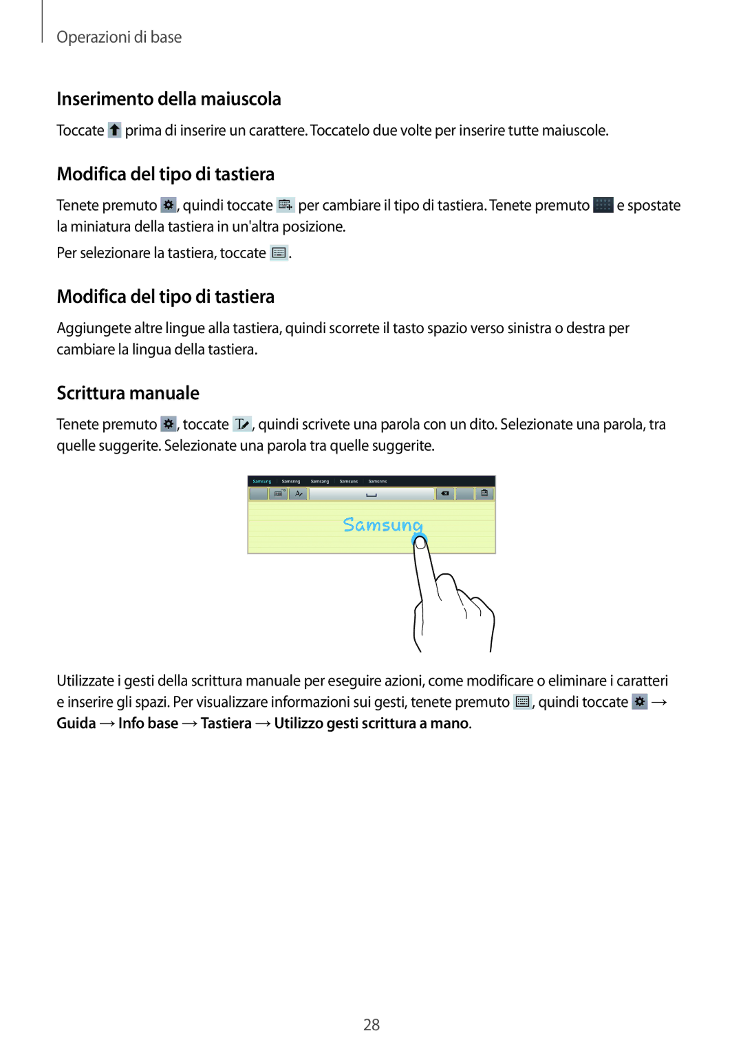 Samsung GT-P5220ZWATIM Inserimento della maiuscola, Modifica del tipo di tastiera, Scrittura manuale 