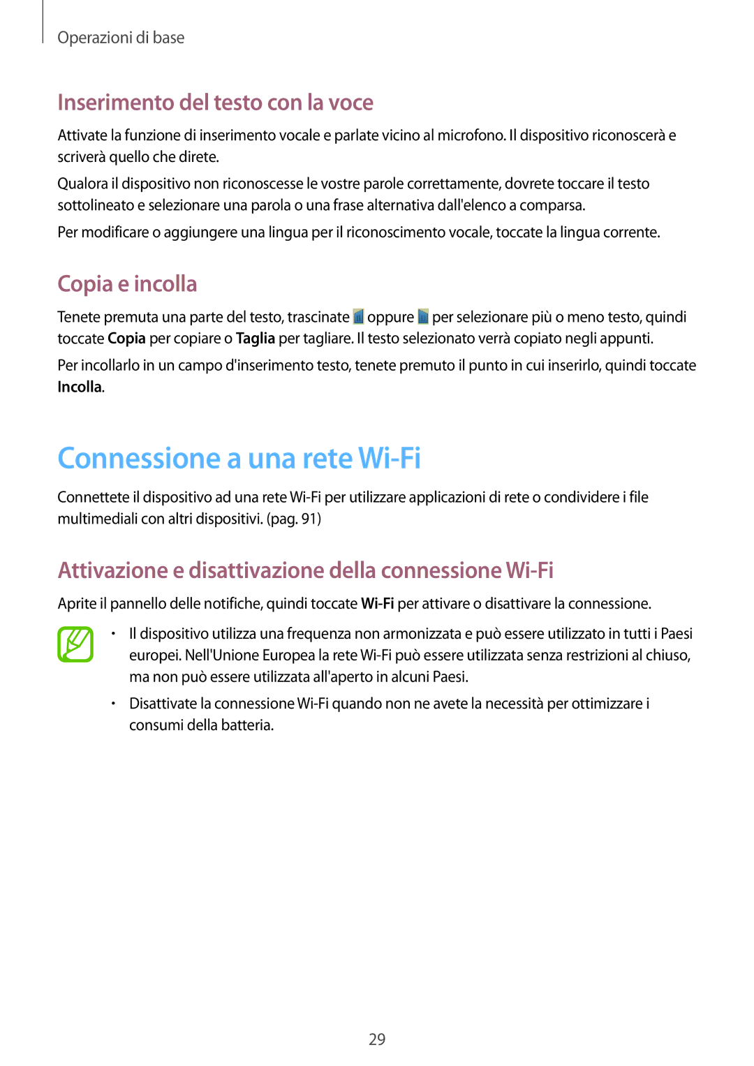 Samsung GT-P5220ZWATIM manual Connessione a una rete Wi-Fi, Inserimento del testo con la voce, Copia e incolla 