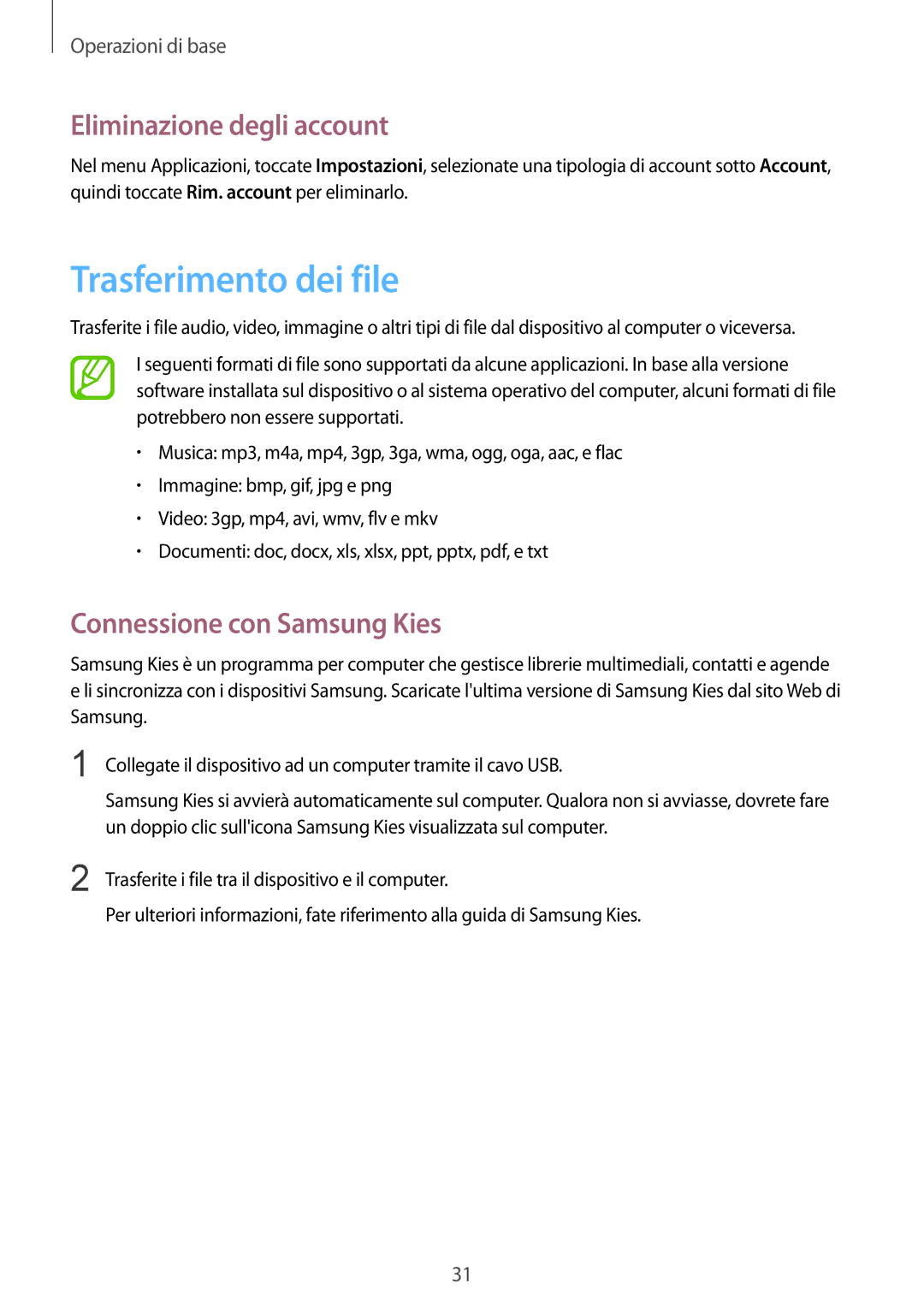 Samsung GT-P5220ZWATIM manual Trasferimento dei file, Eliminazione degli account, Connessione con Samsung Kies 