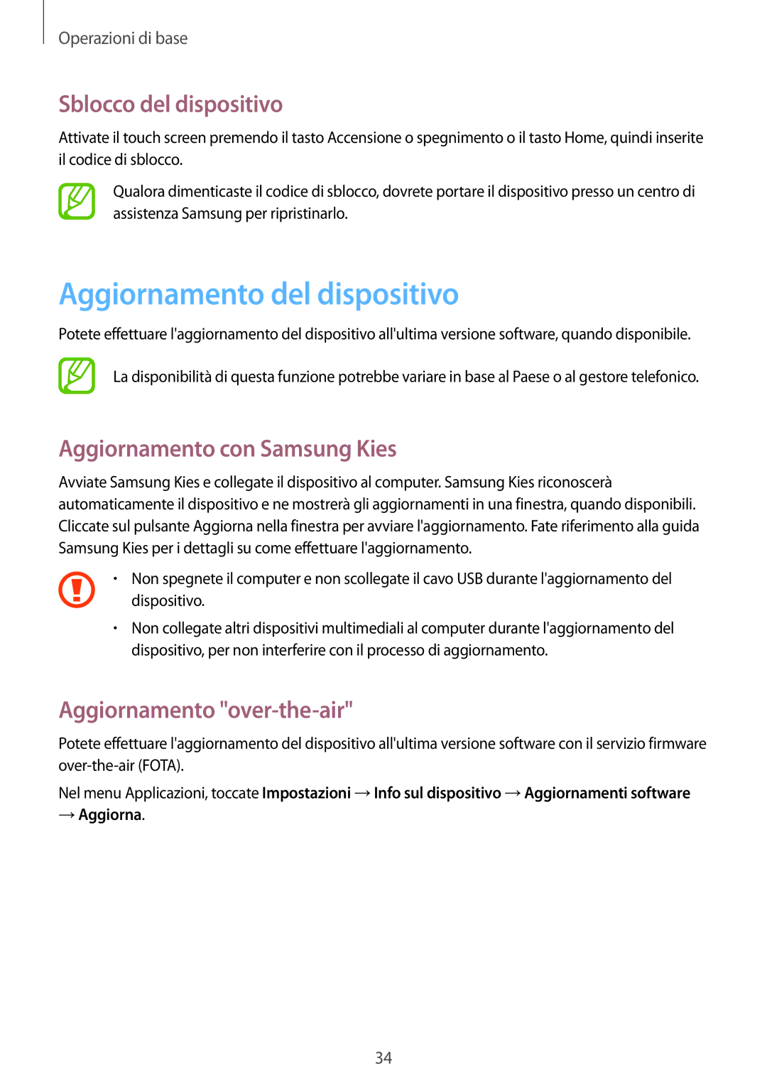 Samsung GT-P5220ZWATIM manual Aggiornamento del dispositivo, Sblocco del dispositivo, Aggiornamento con Samsung Kies 