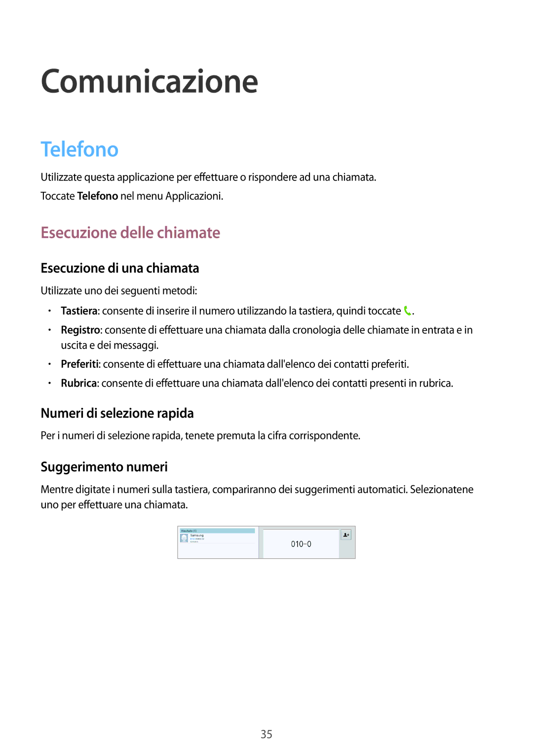 Samsung GT-P5220ZWATIM manual Comunicazione, Telefono, Esecuzione delle chiamate 