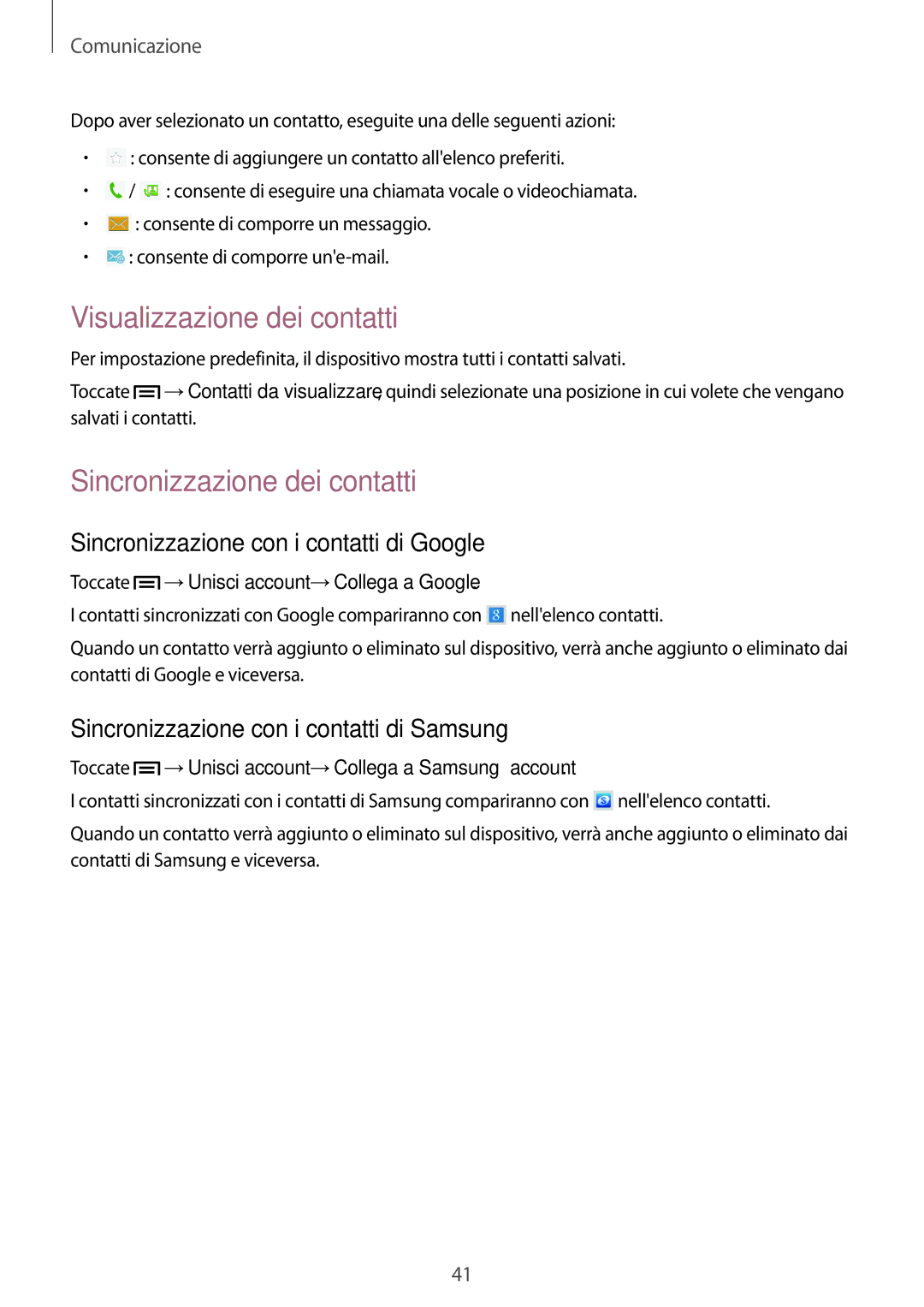 Samsung GT-P5220ZWATIM manual Visualizzazione dei contatti, Sincronizzazione dei contatti 