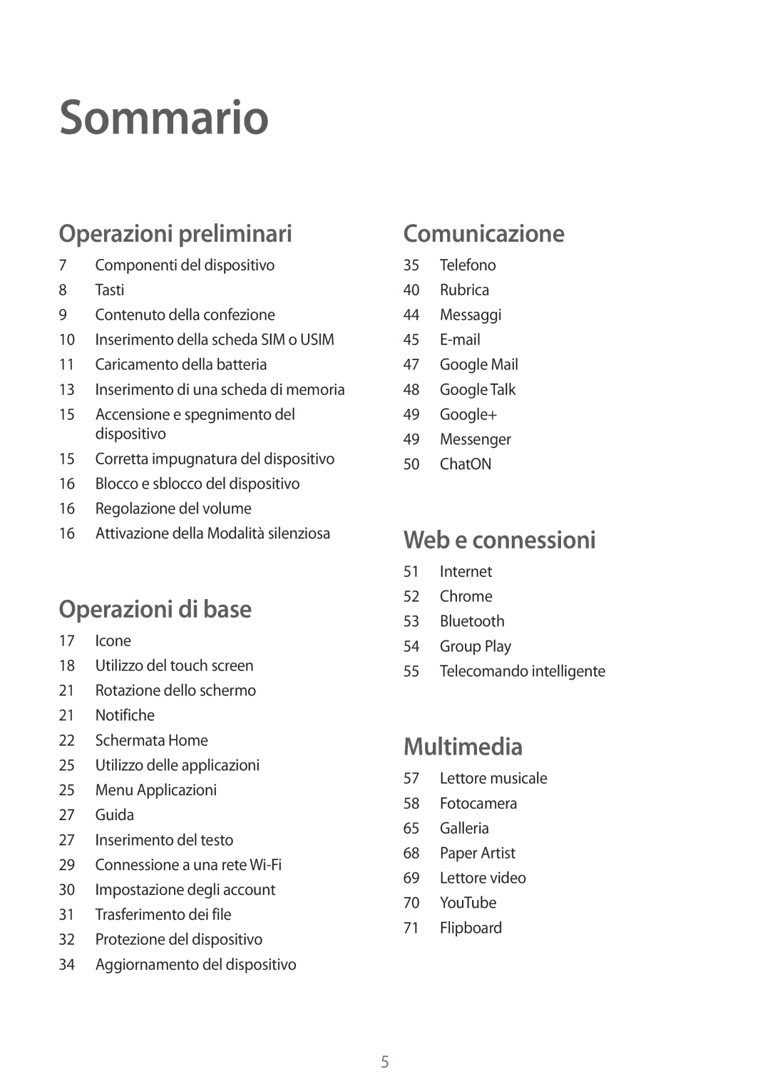 Samsung GT-P5220ZWATIM manual Sommario, Operazioni preliminari 