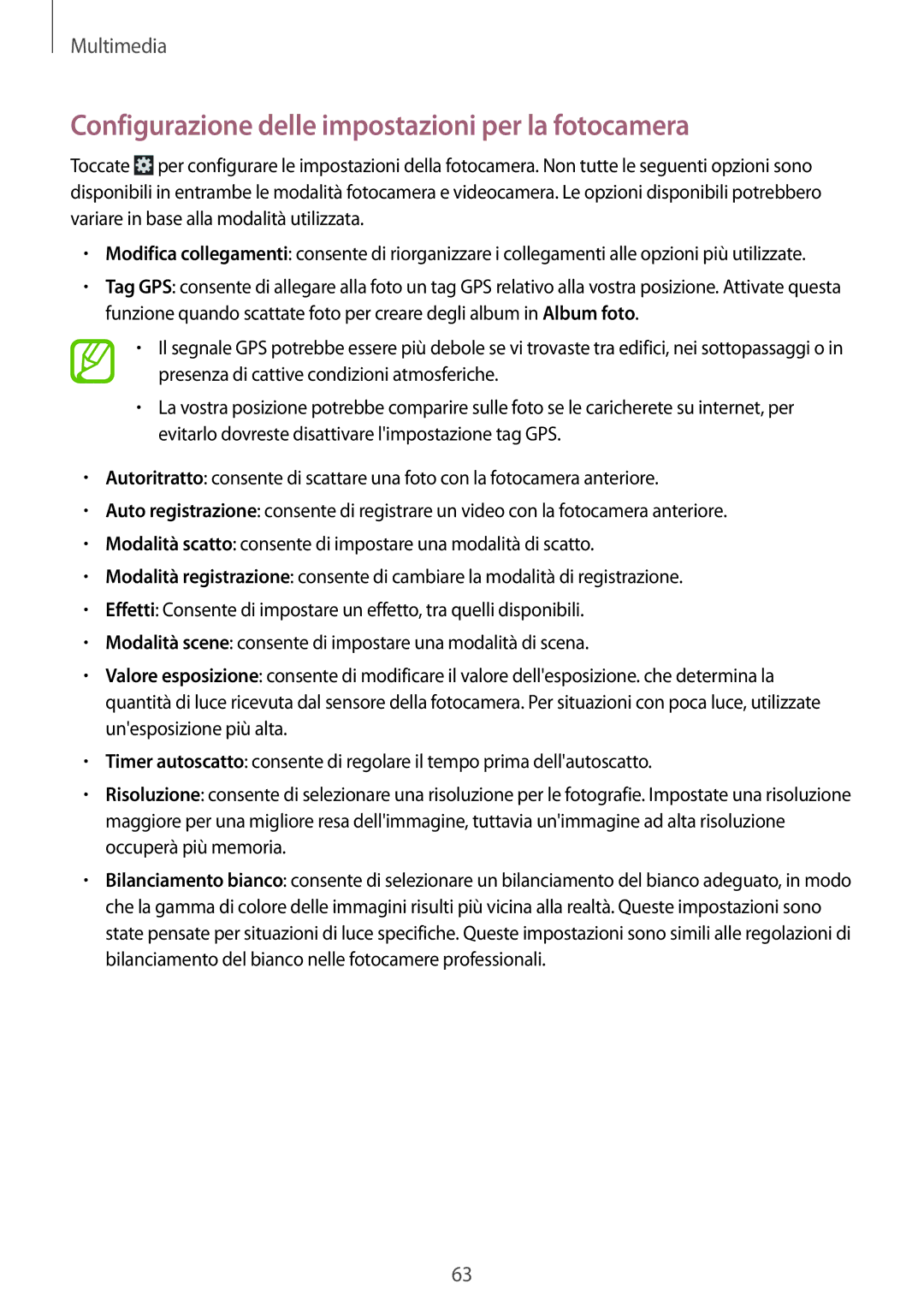 Samsung GT-P5220ZWATIM manual Configurazione delle impostazioni per la fotocamera 