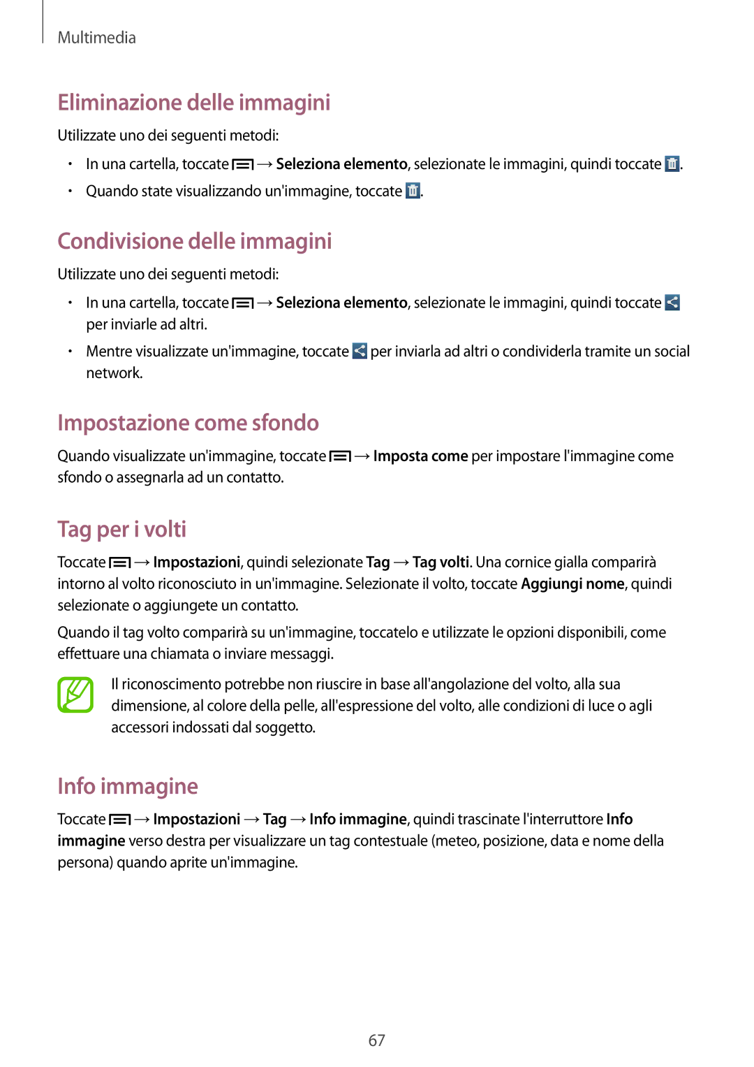 Samsung GT-P5220ZWATIM Eliminazione delle immagini, Condivisione delle immagini, Impostazione come sfondo, Tag per i volti 