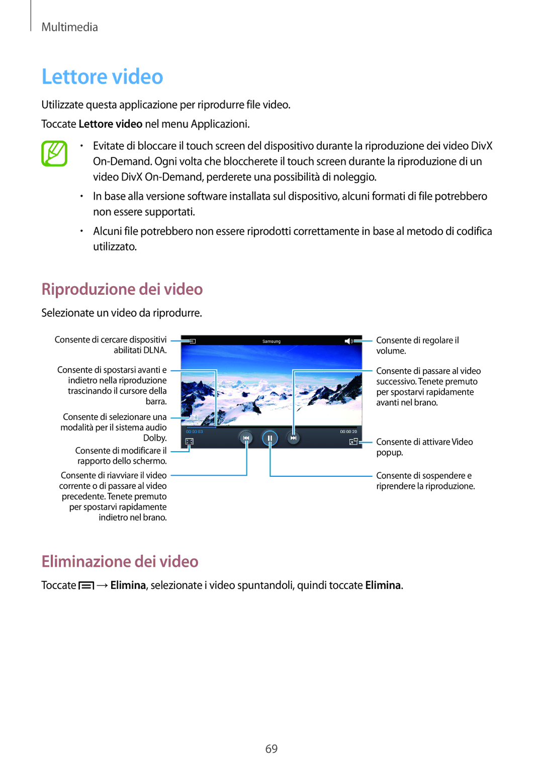 Samsung GT-P5220ZWATIM manual Lettore video, Eliminazione dei video 