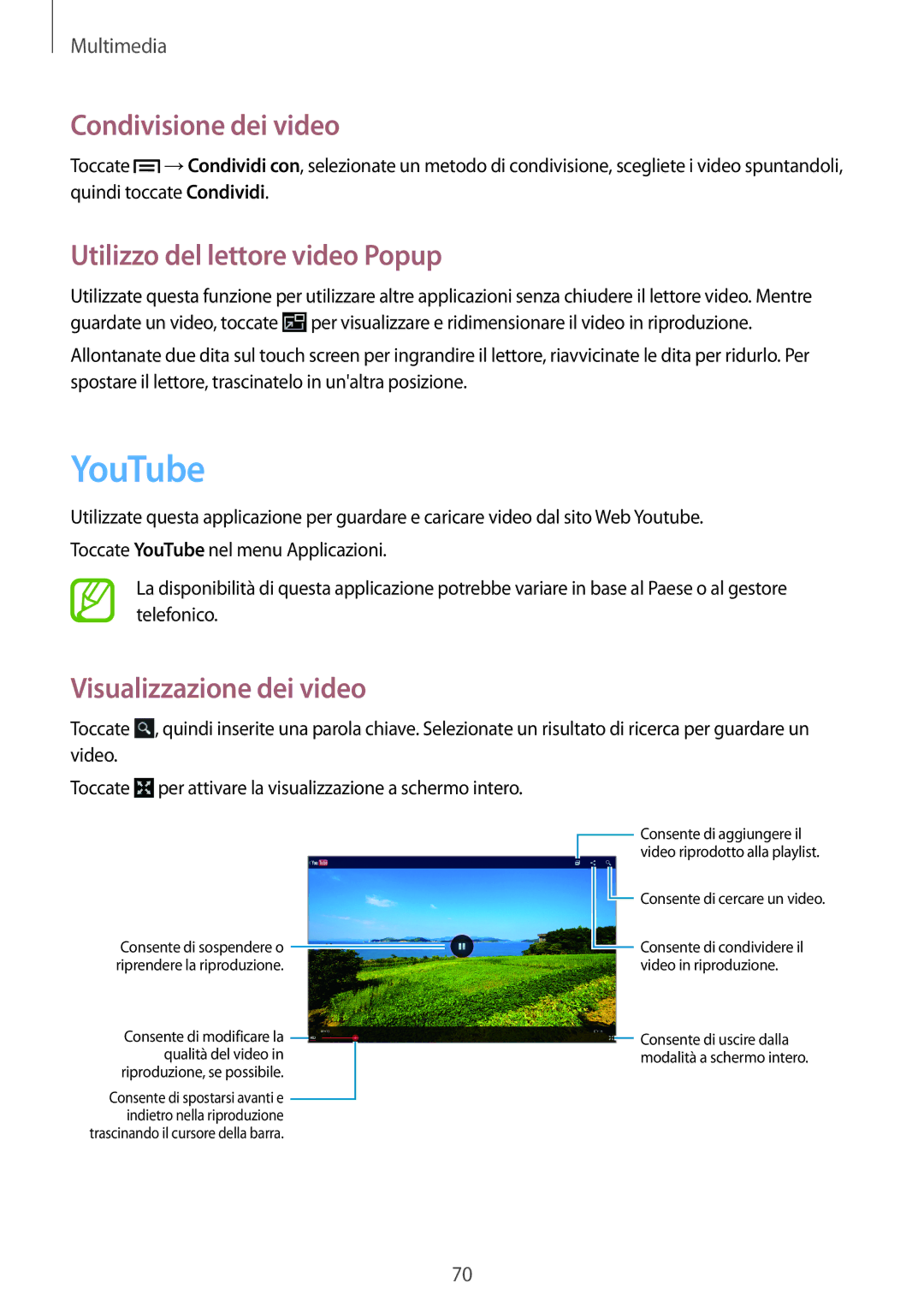 Samsung GT-P5220ZWATIM manual YouTube, Condivisione dei video, Utilizzo del lettore video Popup, Visualizzazione dei video 