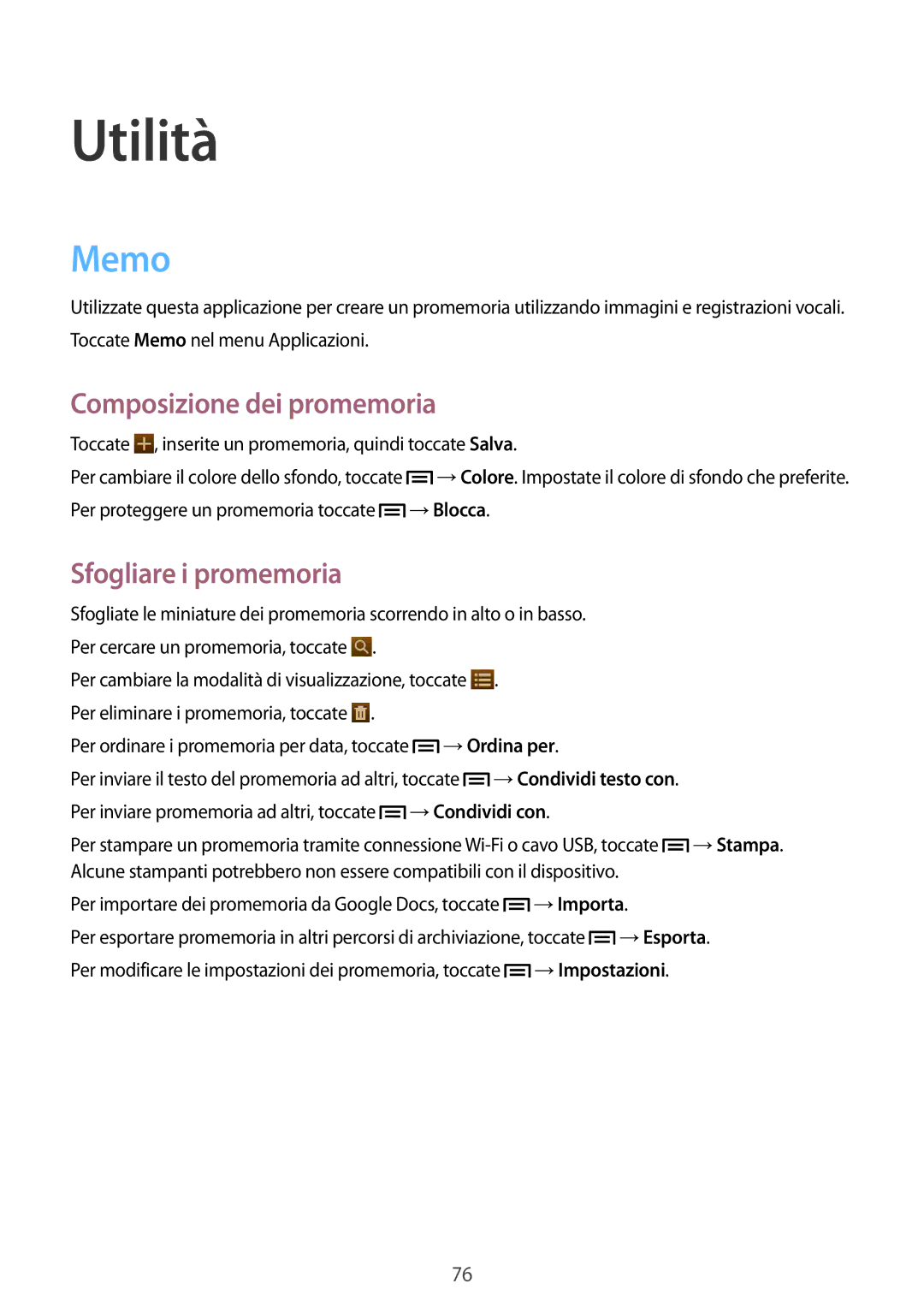 Samsung GT-P5220ZWATIM manual Utilità, Memo, Composizione dei promemoria, Sfogliare i promemoria 