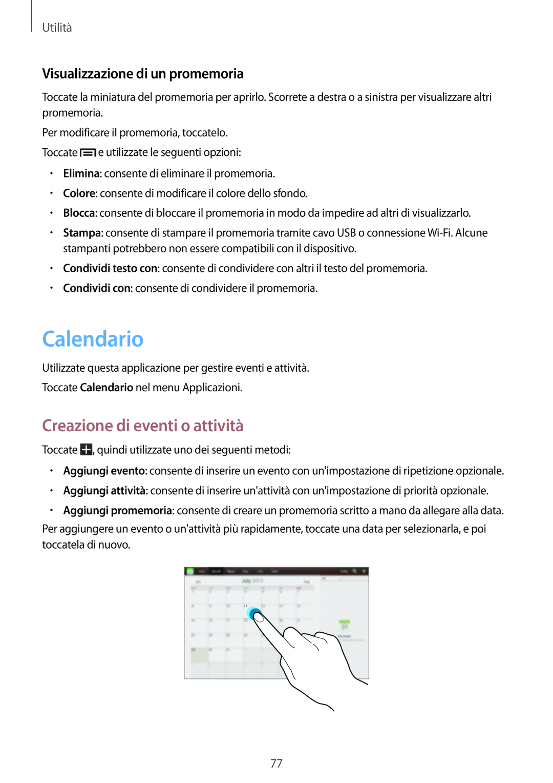 Samsung GT-P5220ZWATIM manual Calendario, Creazione di eventi o attività, Visualizzazione di un promemoria 