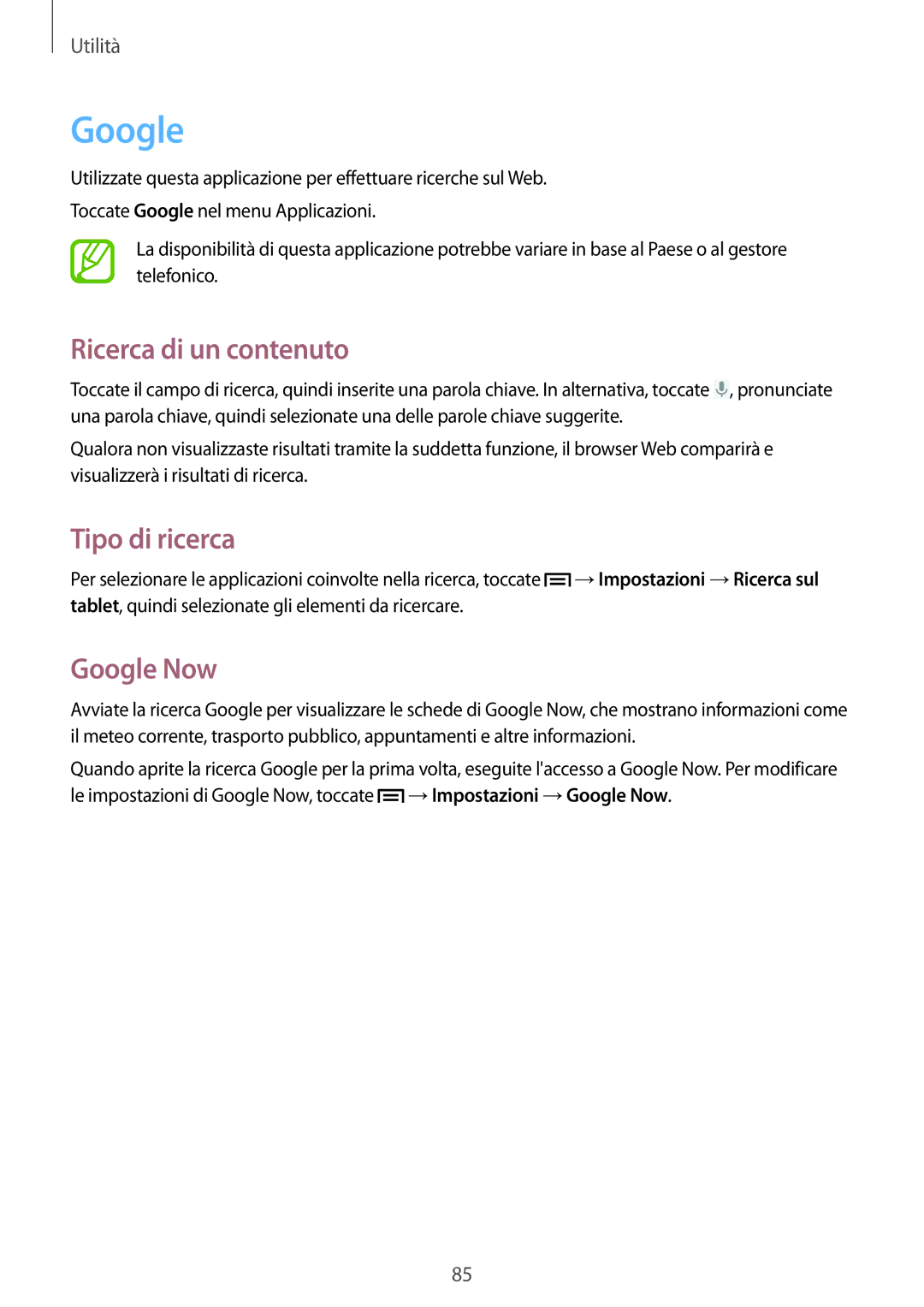 Samsung GT-P5220ZWATIM manual Ricerca di un contenuto, Tipo di ricerca, Google Now 