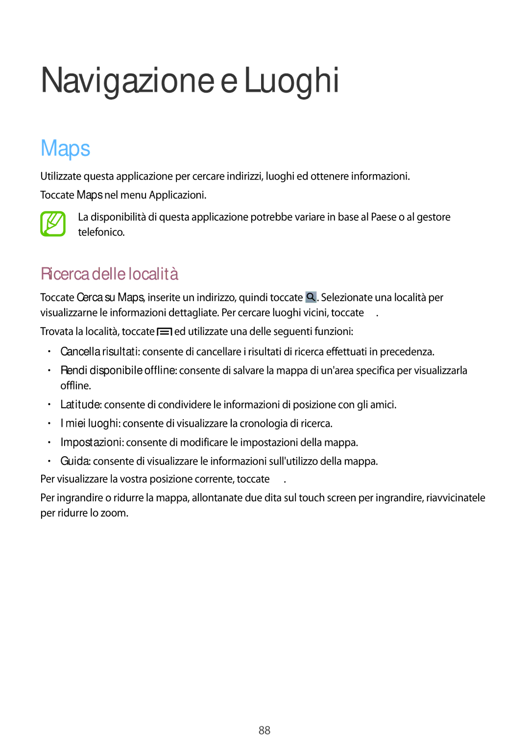 Samsung GT-P5220ZWATIM manual Navigazione e Luoghi, Maps, Ricerca delle località 