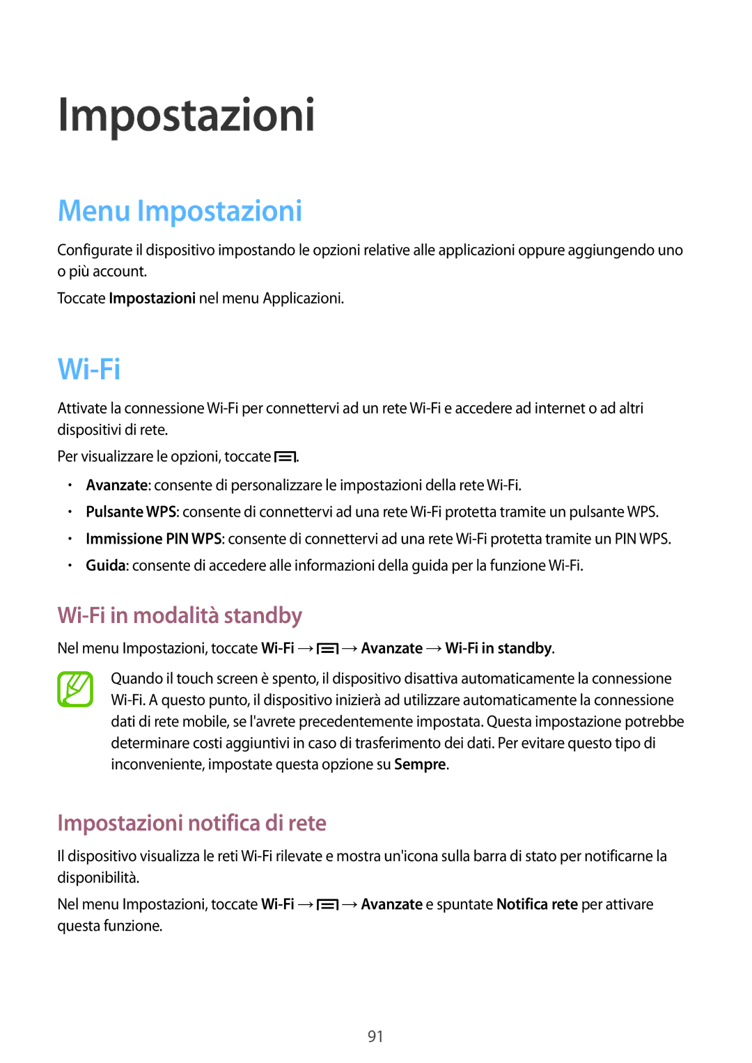 Samsung GT-P5220ZWATIM manual Menu Impostazioni, Wi-Fi in modalità standby, Impostazioni notifica di rete 