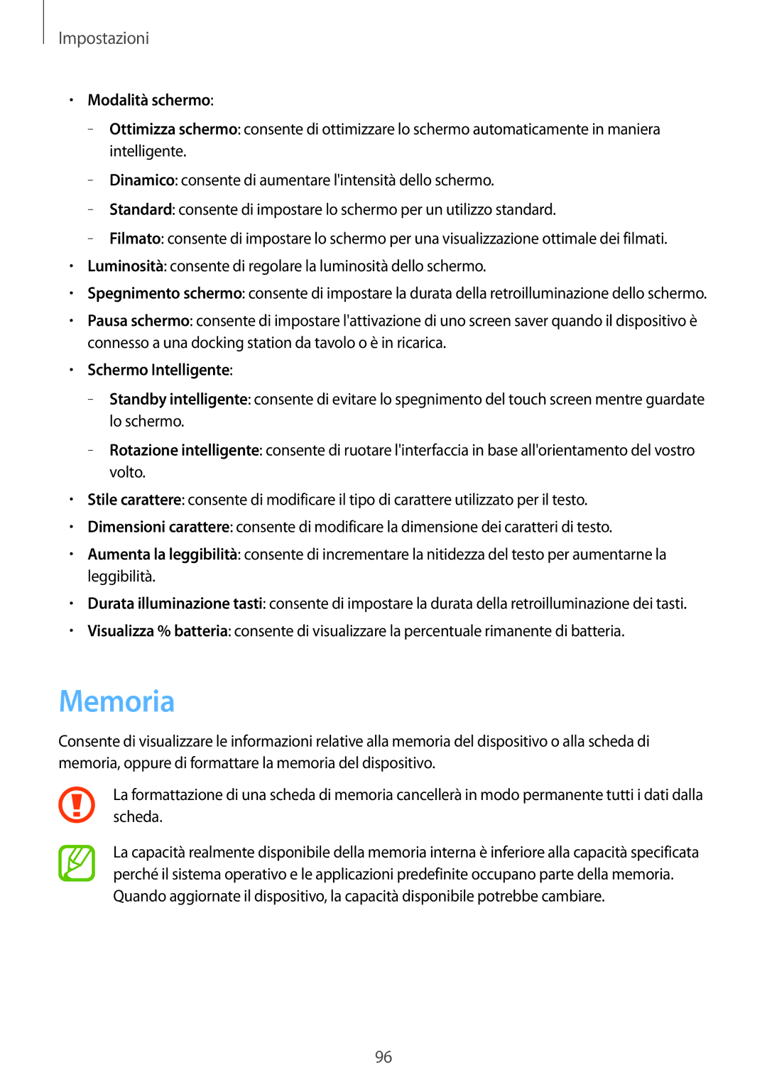 Samsung GT-P5220ZWATIM manual Memoria, Modalità schermo, Schermo Intelligente 