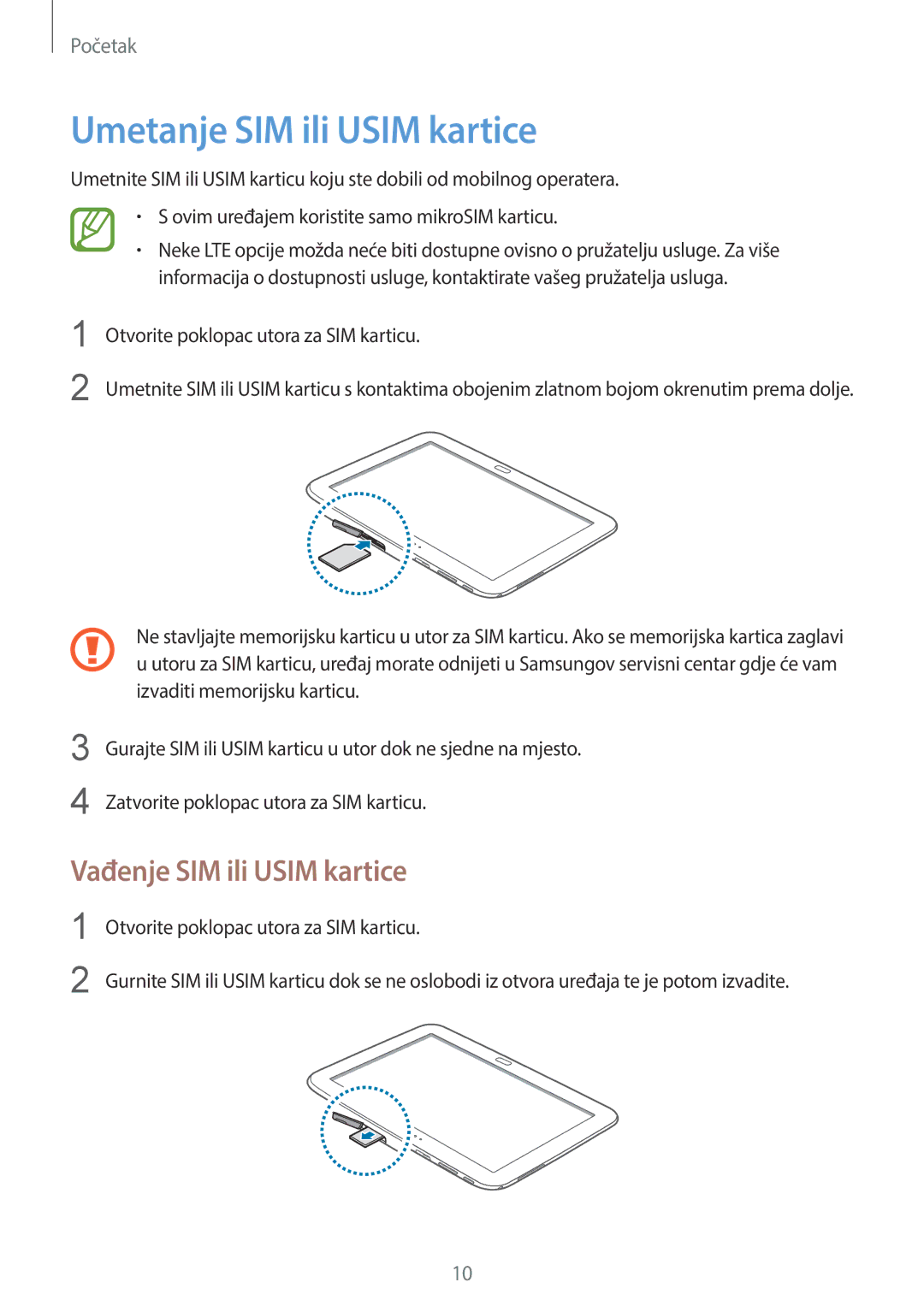 Samsung GT-P5220ZWAVIP, GT-P5220ZWACRO manual Umetanje SIM ili Usim kartice, Vađenje SIM ili Usim kartice 