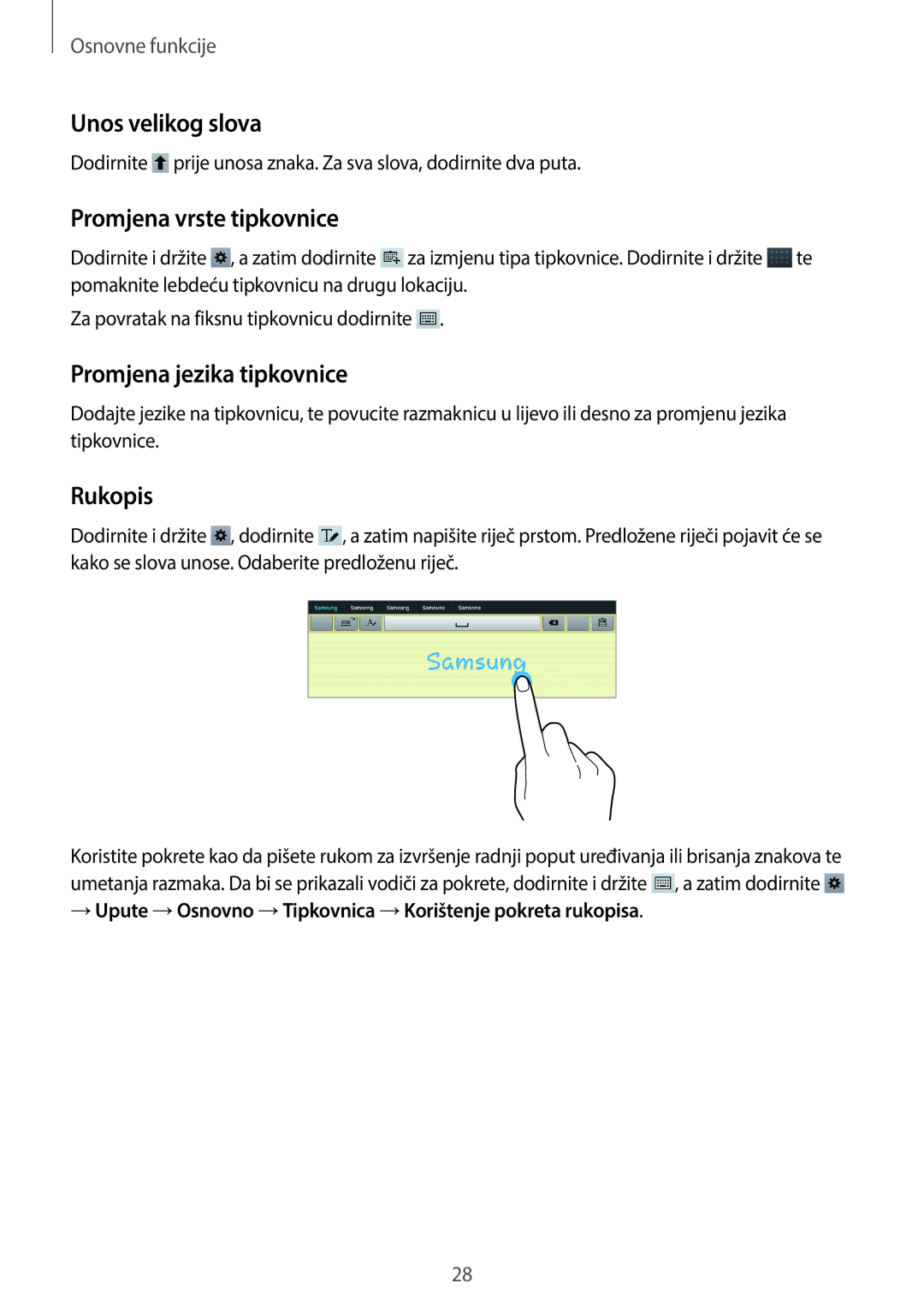 Samsung GT-P5220ZWAVIP, GT-P5220ZWACRO Unos velikog slova, Promjena vrste tipkovnice, Promjena jezika tipkovnice, Rukopis 