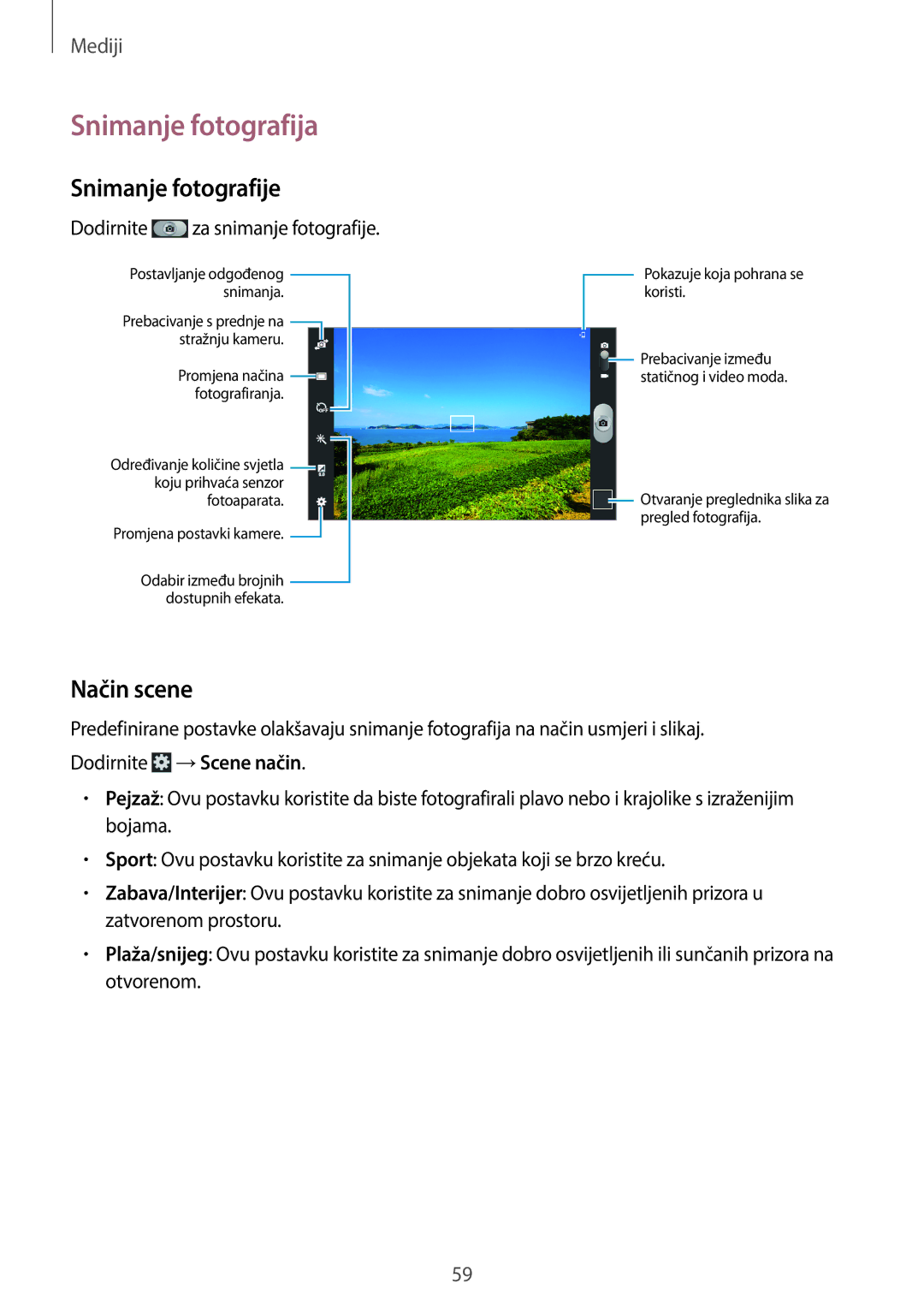 Samsung GT-P5220ZWACRO, GT-P5220ZWAVIP manual Snimanje fotografija, Snimanje fotografije, Način scene 