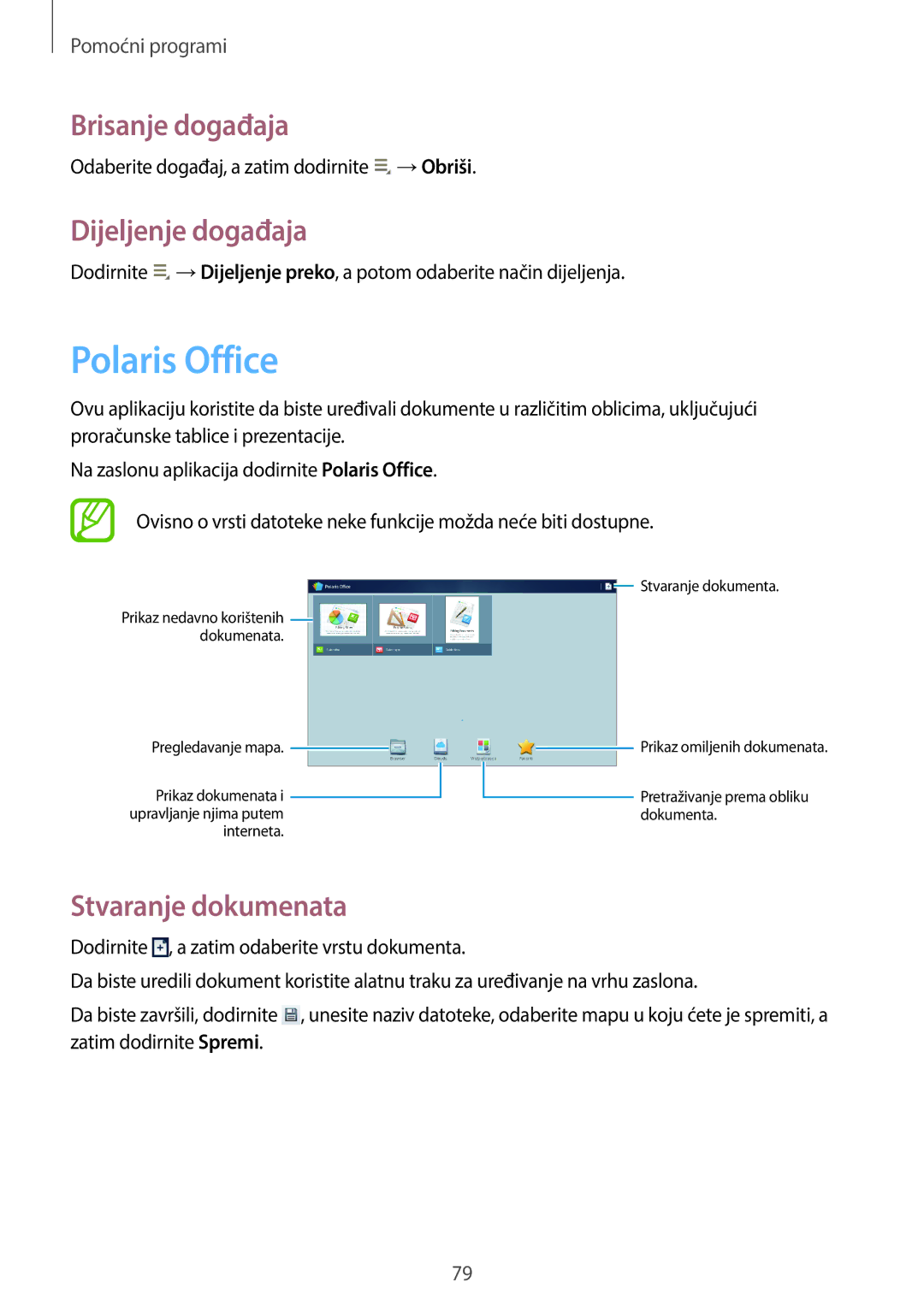 Samsung GT-P5220ZWACRO, GT-P5220ZWAVIP manual Polaris Office, Brisanje događaja, Dijeljenje događaja, Stvaranje dokumenata 