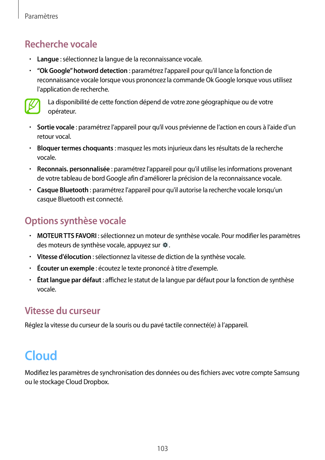 Samsung GT-P5220ZWASFR, GT-P5220ZWAXEF, GT-P5220ZWAFTM manual Recherche vocale, Options synthèse vocale, Vitesse du curseur 