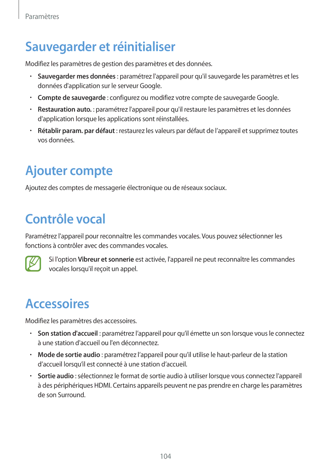 Samsung GT-P5220ZWAXEF, GT-P5220ZWAFTM manual Sauvegarder et réinitialiser, Ajouter compte, Contrôle vocal, Accessoires 