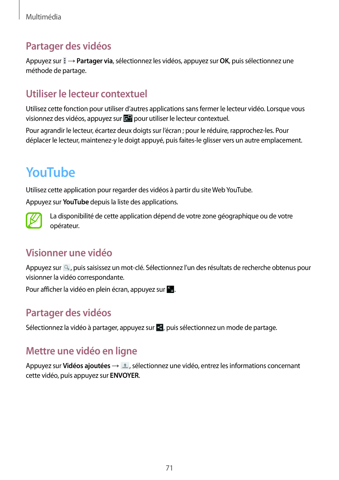 Samsung GT-P5220ZWASFR, GT-P5220ZWAXEF YouTube, Partager des vidéos, Utiliser le lecteur contextuel, Visionner une vidéo 