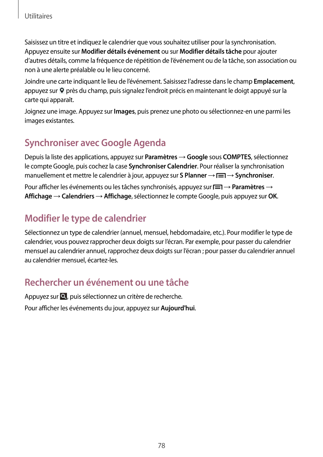 Samsung GT-P5220MKAXEF, GT-P5220ZWAXEF, GT-P5220ZWAFTM manual Synchroniser avec Google Agenda, Modifier le type de calendrier 