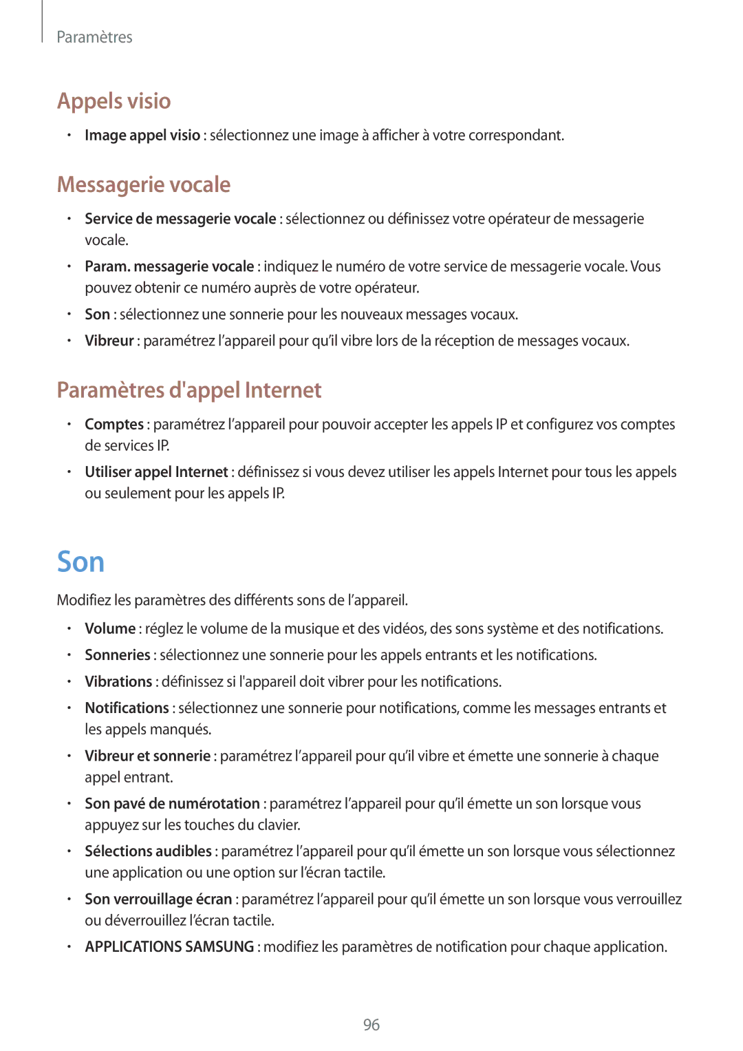 Samsung GT-P5220ZWAXEF, GT-P5220ZWAFTM, GT-P5220MKAXEF, GT-P5220ZWASFR Son, Messagerie vocale, Paramètres dappel Internet 