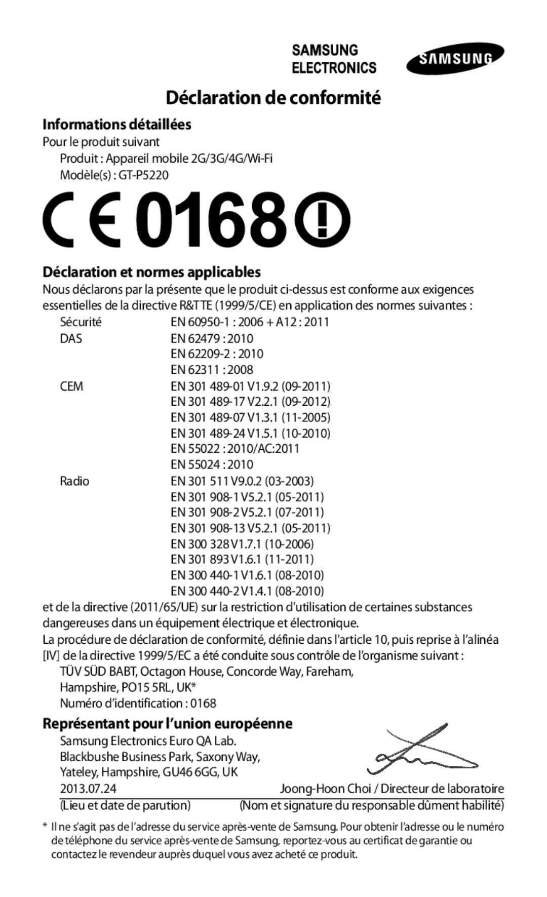 Samsung GT-P5220ZWASFR Informations détaillées, Déclaration et normes applicables, Représentant pour l’union européenne 