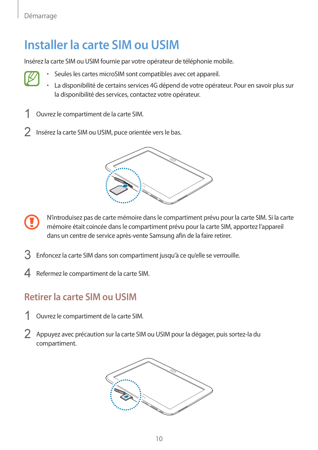 Samsung GT-P5220MKAXEF, GT-P5220ZWAXEF, GT-P5220ZWAFTM manual Installer la carte SIM ou Usim, Retirer la carte SIM ou Usim 