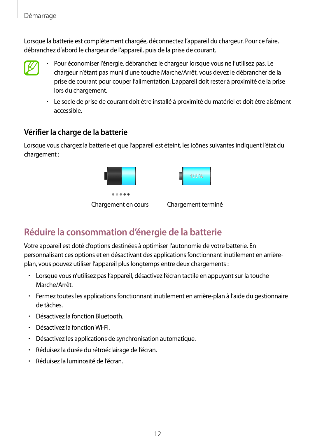 Samsung GT-P5220ZWAXEF, GT-P5220ZWAFTM Réduire la consommation d’énergie de la batterie, Vérifier la charge de la batterie 