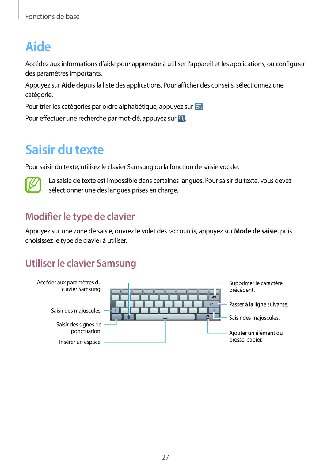 Samsung GT-P5220ZWASFR, GT-P5220ZWAXEF Aide, Saisir du texte, Modifier le type de clavier, Utiliser le clavier Samsung 