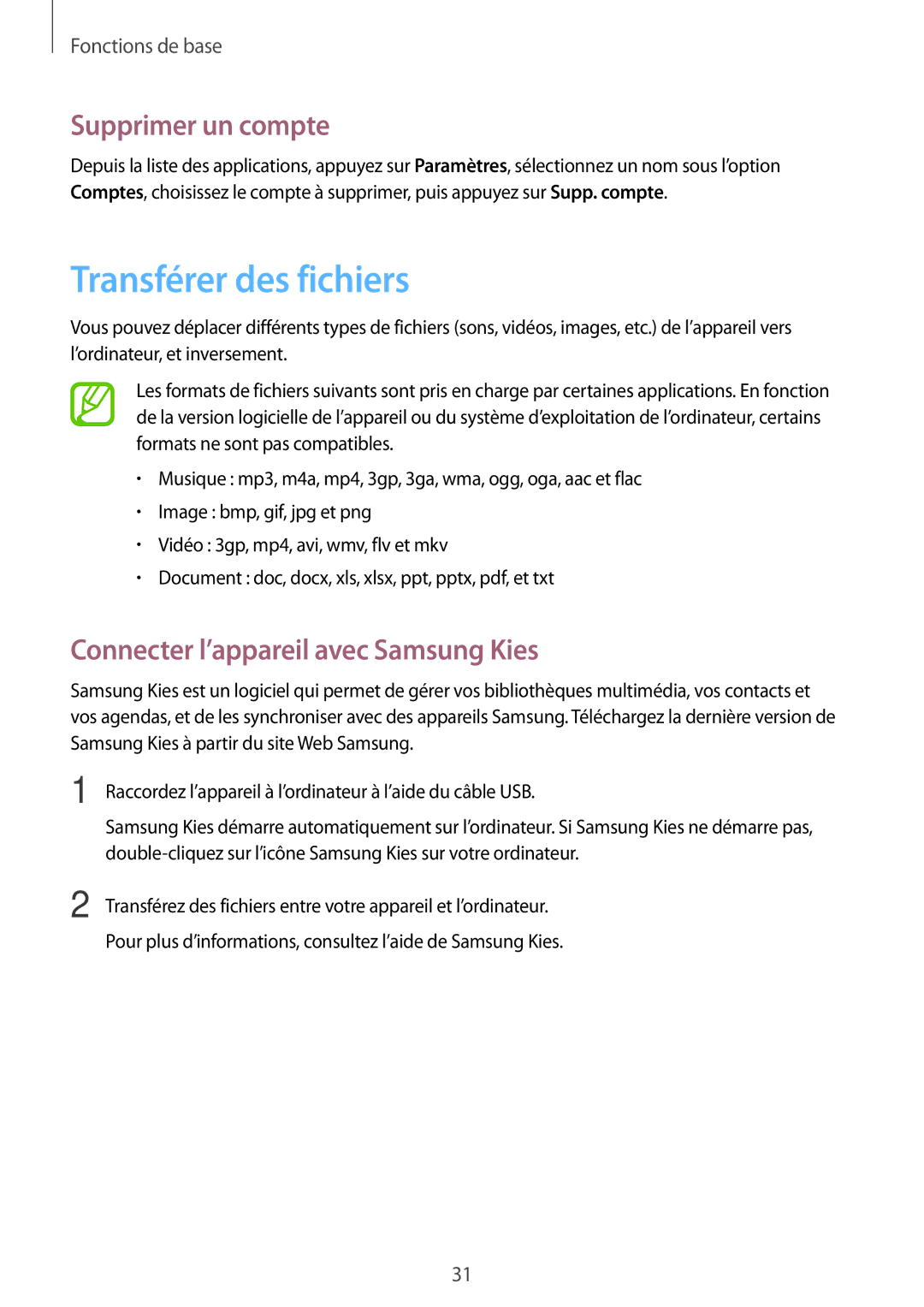 Samsung GT-P5220ZWASFR manual Transférer des fichiers, Supprimer un compte, Connecter l’appareil avec Samsung Kies 