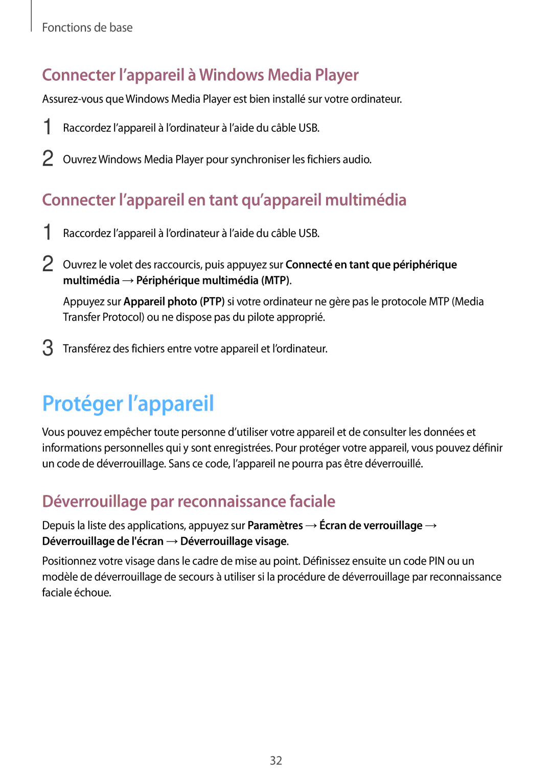 Samsung GT-P5220ZWAXEF, GT-P5220ZWAFTM, GT-P5220MKAXEF Protéger l’appareil, Connecter l’appareil à Windows Media Player 