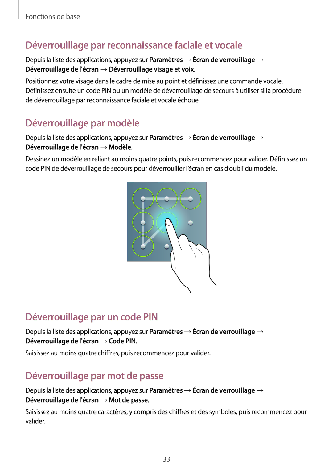 Samsung GT-P5220ZWAFTM, GT-P5220ZWAXEF manual Déverrouillage par reconnaissance faciale et vocale, Déverrouillage par modèle 