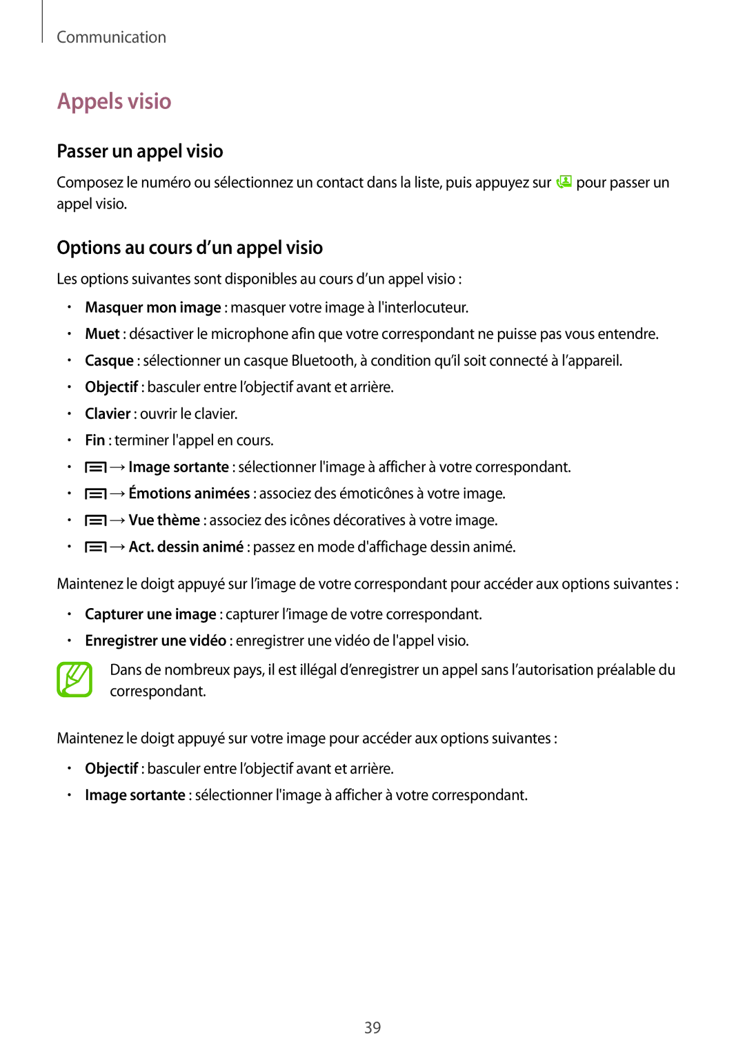 Samsung GT-P5220ZWASFR, GT-P5220ZWAXEF manual Appels visio, Passer un appel visio, Options au cours d’un appel visio 