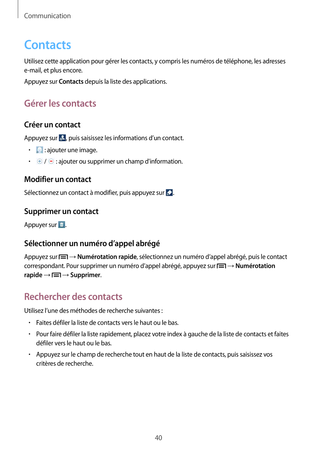 Samsung GT-P5220ZWAXEF, GT-P5220ZWAFTM, GT-P5220MKAXEF, GT-P5220ZWASFR Contacts, Gérer les contacts, Rechercher des contacts 