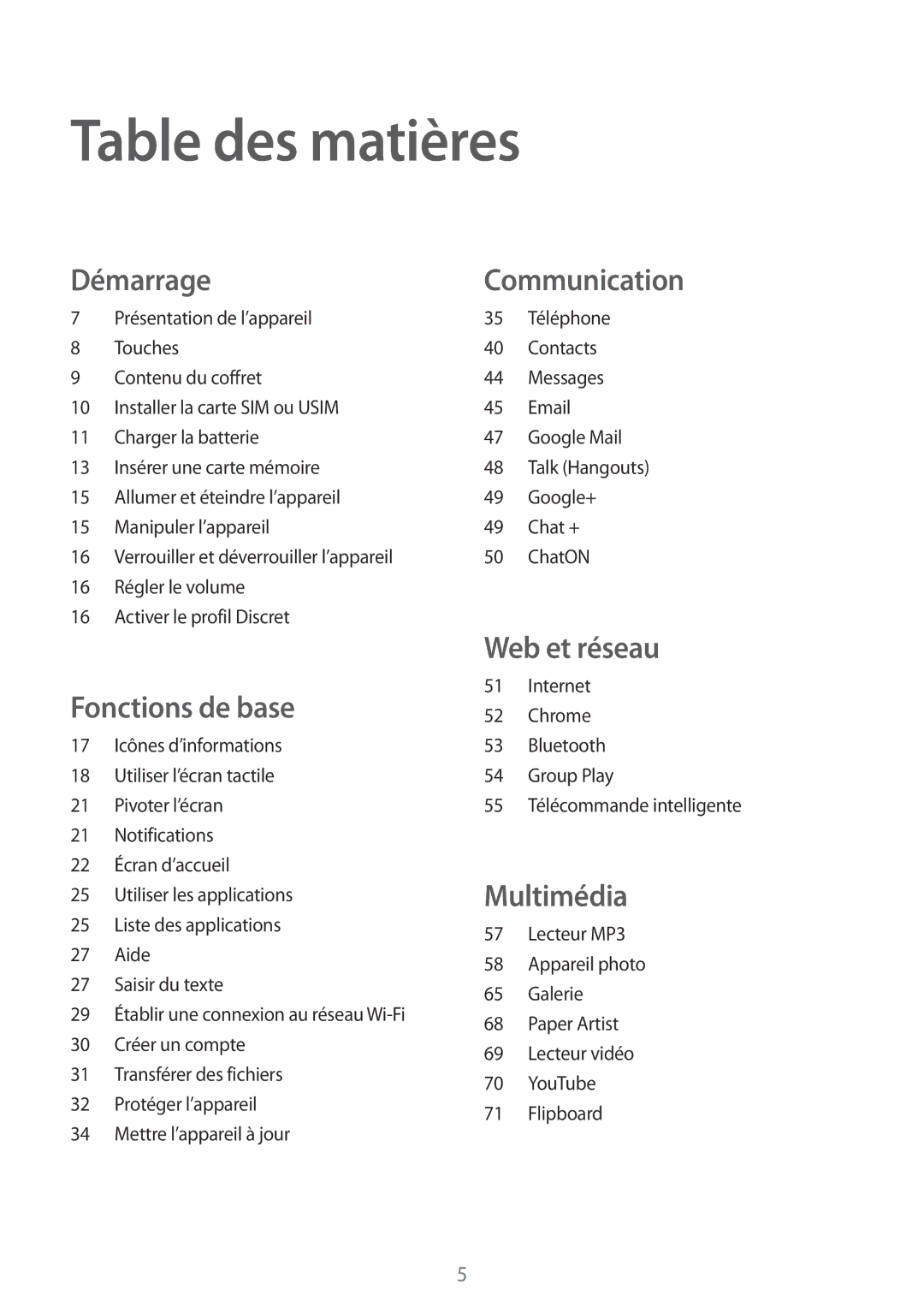 Samsung GT-P5220ZWAFTM, GT-P5220ZWAXEF, GT-P5220MKAXEF, GT-P5220ZWASFR manual Table des matières, Démarrage 